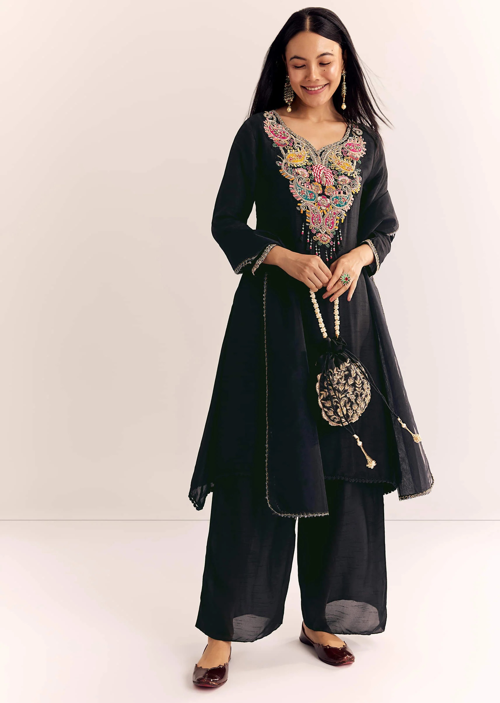 Black Zardosi Work Dola Silk Kurta Set With Organza Dupatta - Image 3
