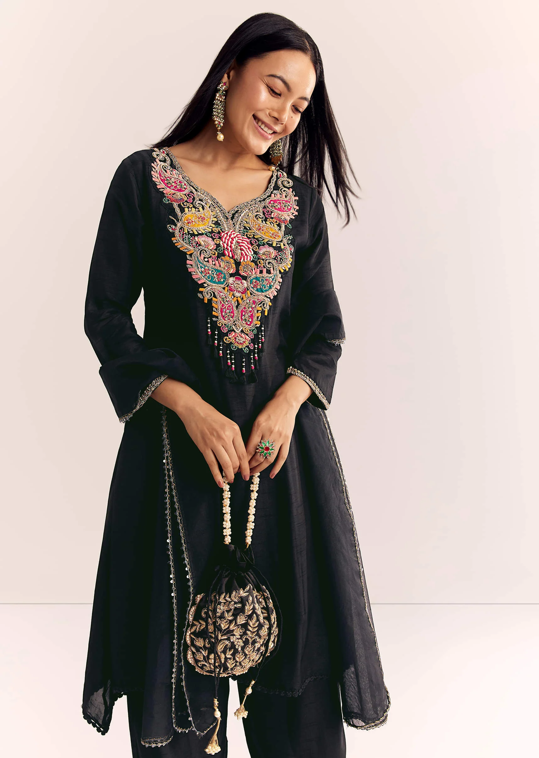 Black Zardosi Work Dola Silk Kurta Set With Organza Dupatta - Image 4