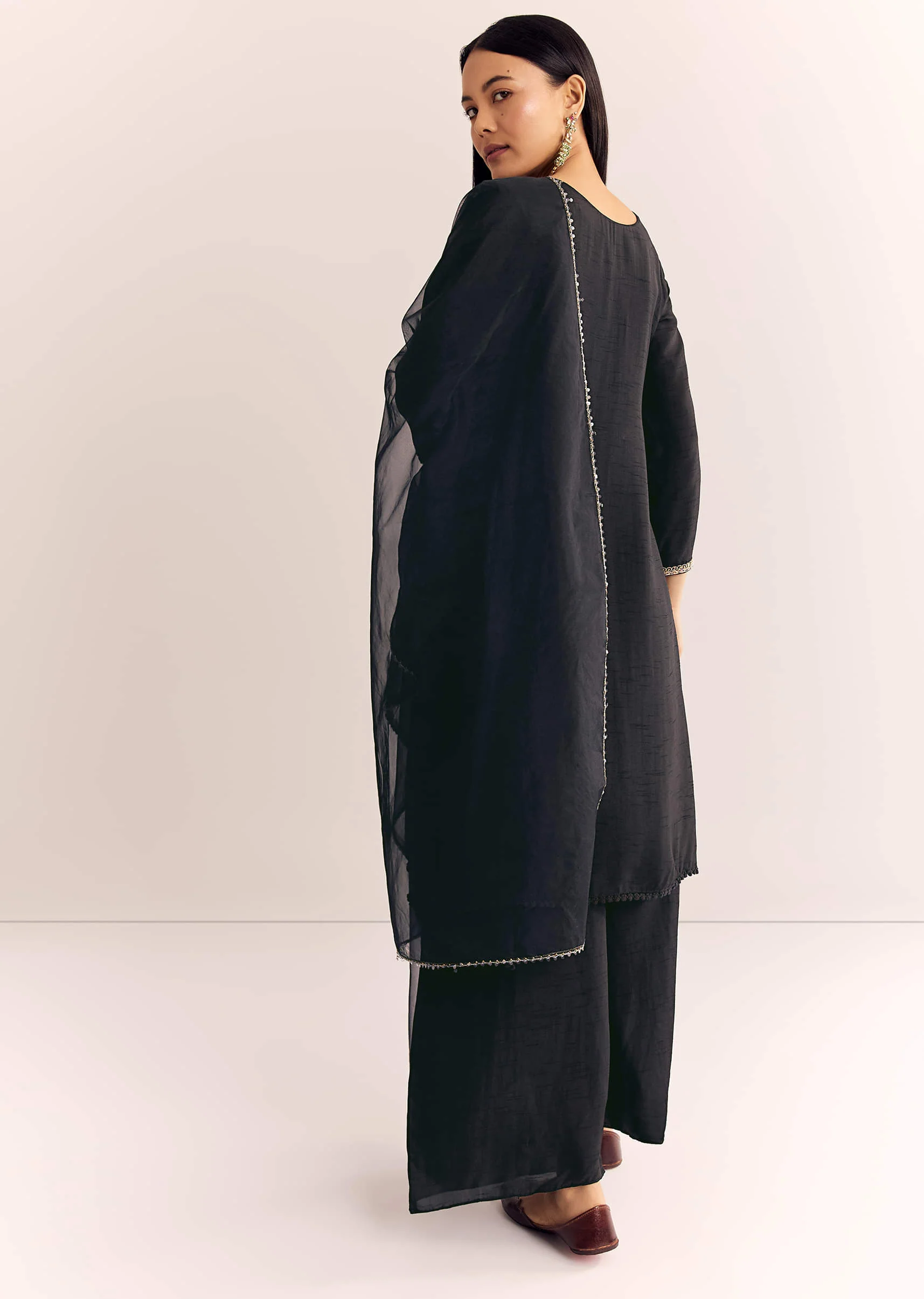 Black Zardosi Work Dola Silk Kurta Set With Organza Dupatta - Image 5