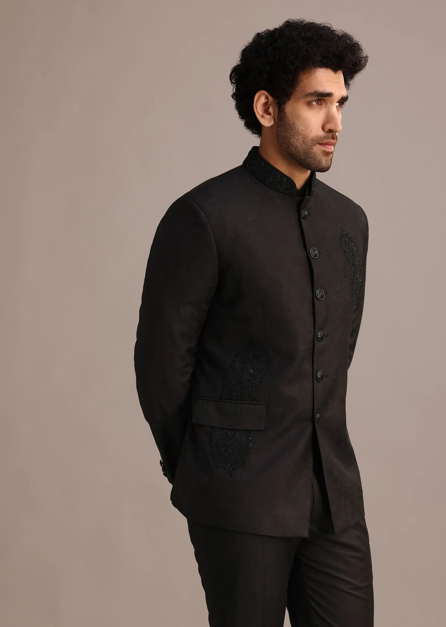 Black Zari Sequin Work Jodhpuri Set - Image 3