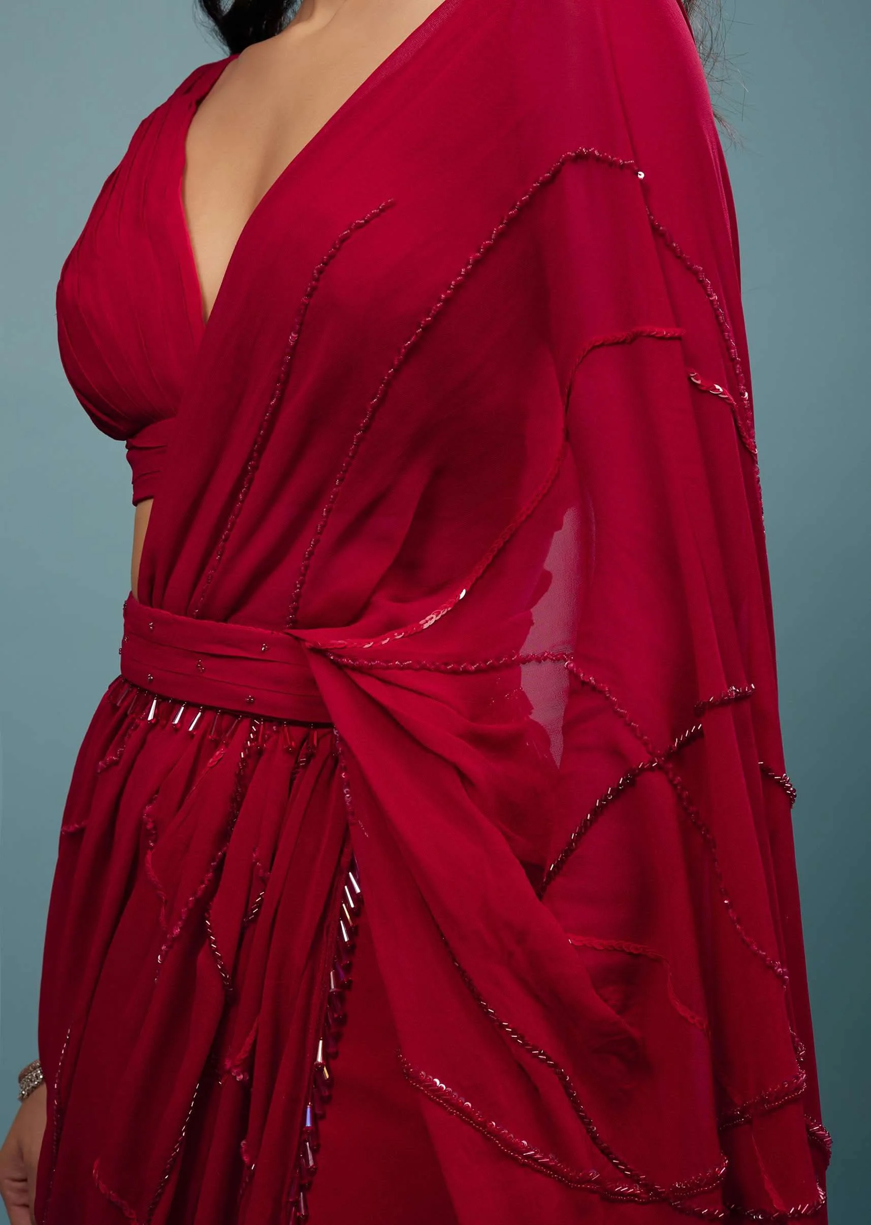Blood Red Ready-Pleated Saree In Georgette - Image 5