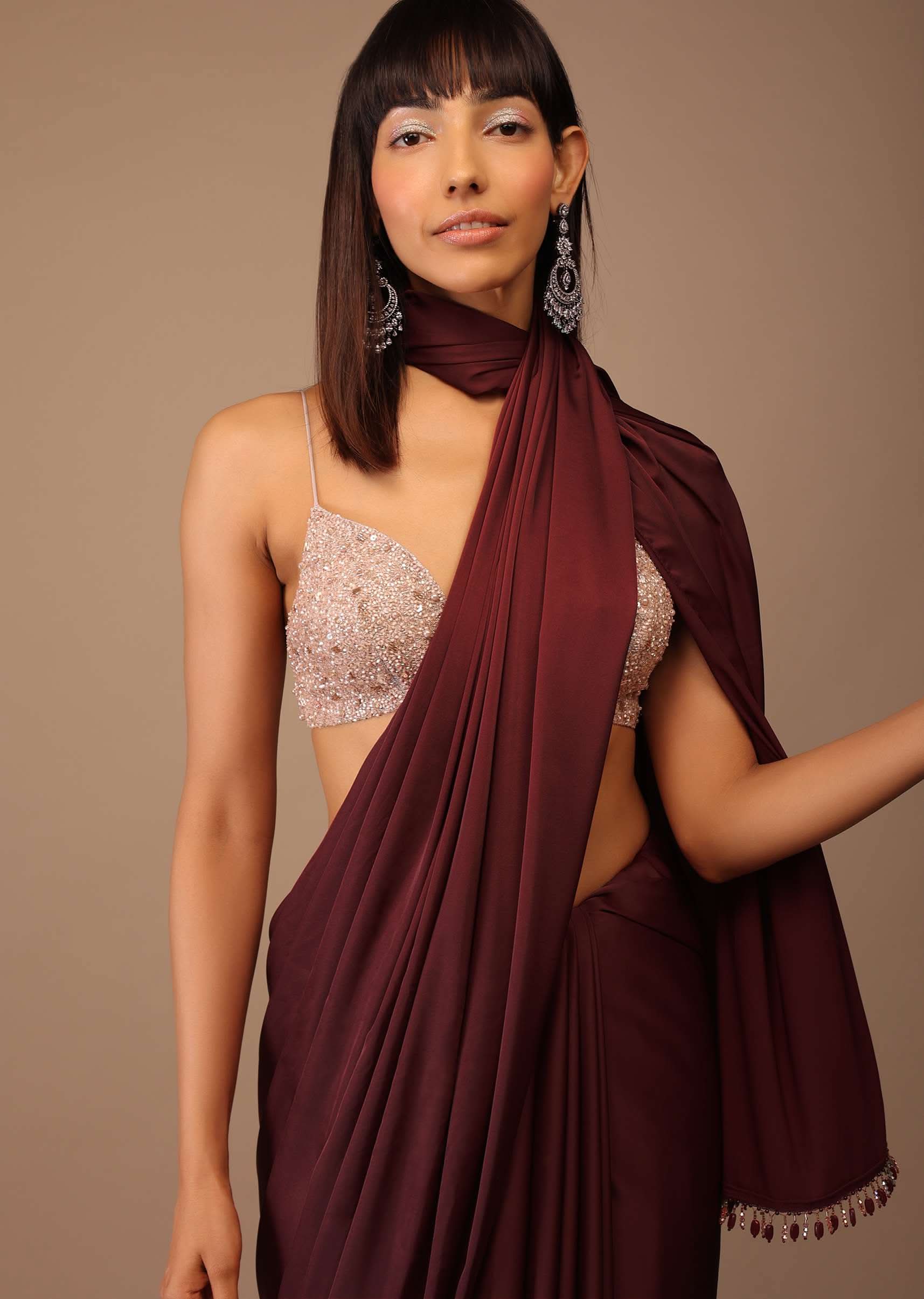 Blood Red Satin Saree With Fringes On The Pallu Paired With Hand Embroidered Bustier - Image 3