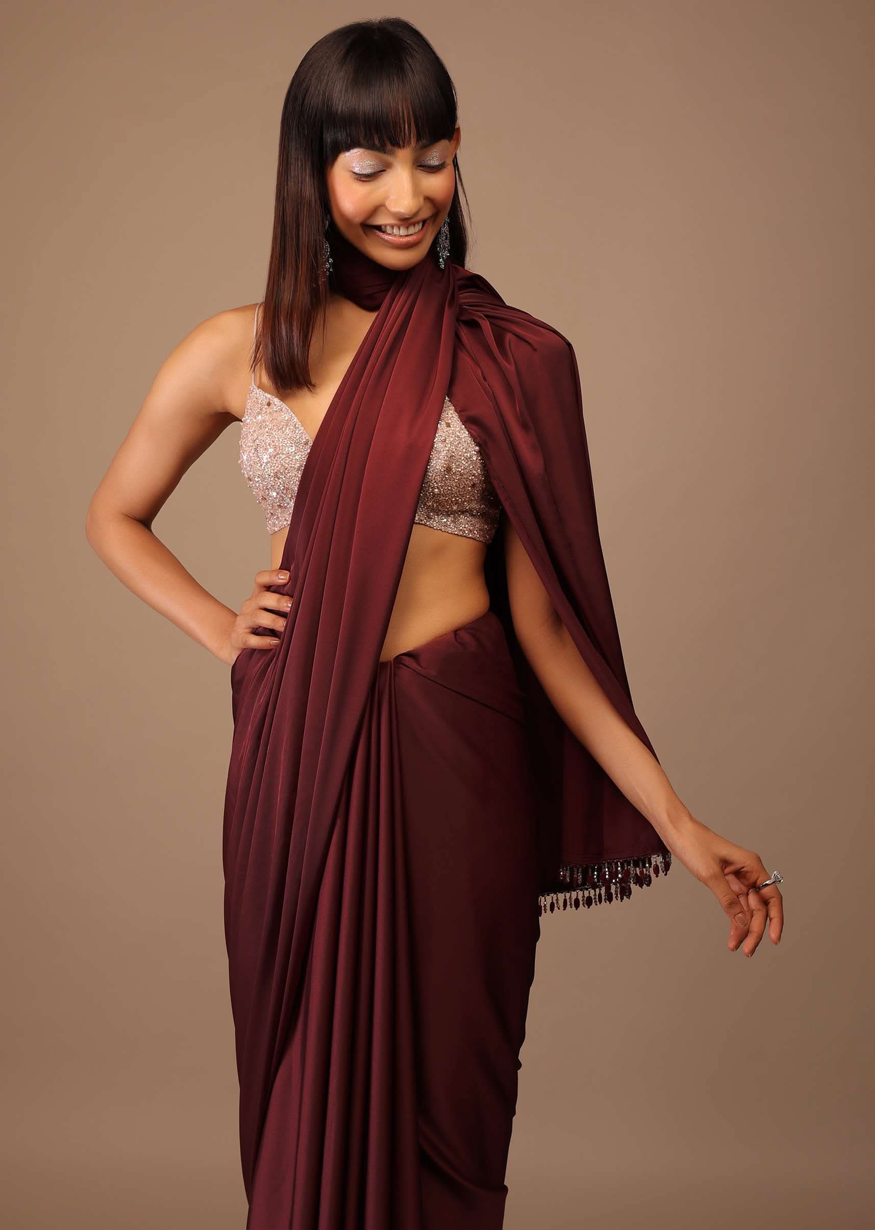 Blood Red Satin Saree With Fringes On The Pallu Paired With Hand Embroidered Bustier - Image 4
