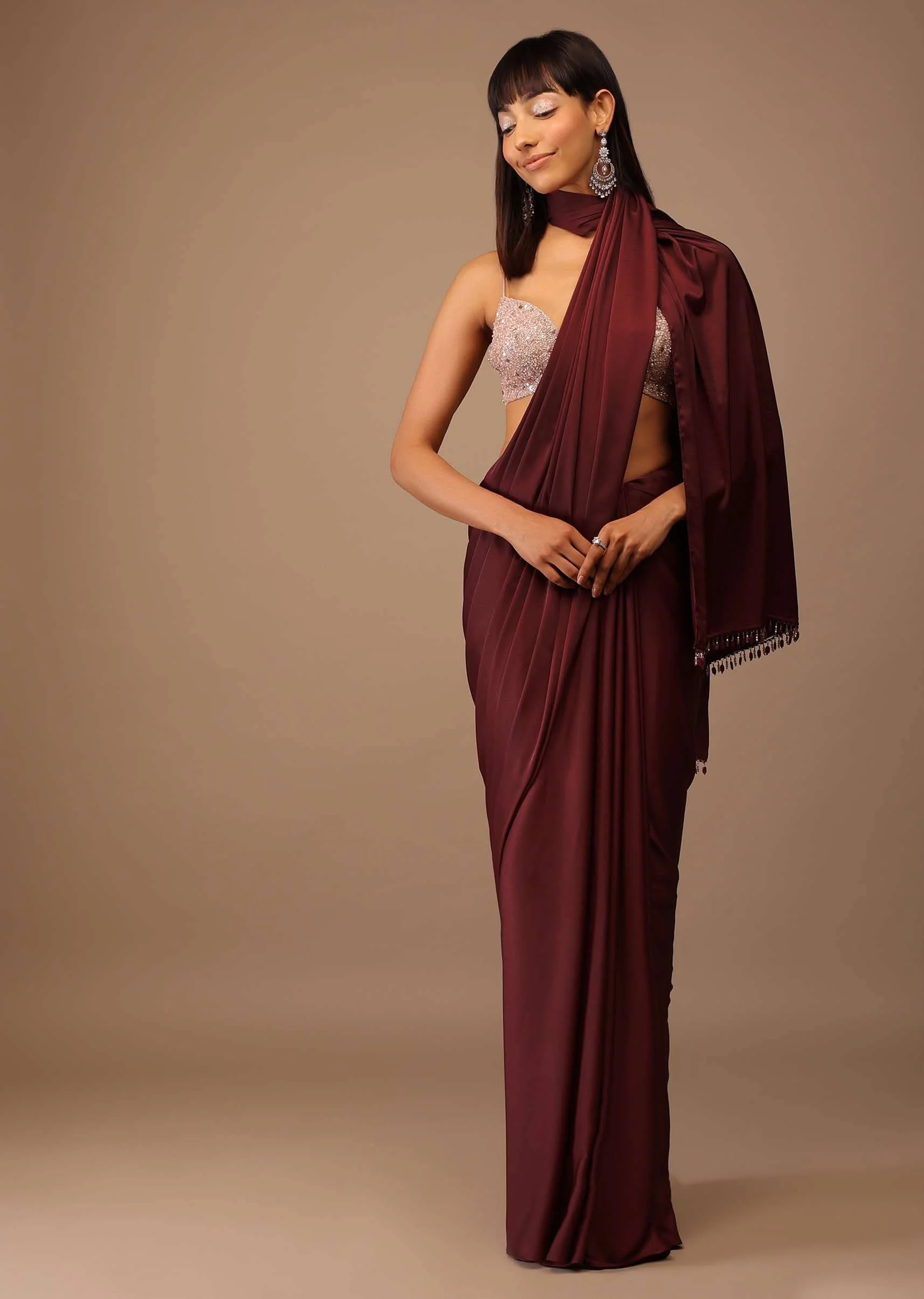 Blood Red Satin Saree With Fringes On The Pallu Paired With Hand Embroidered Bustier - Image 5