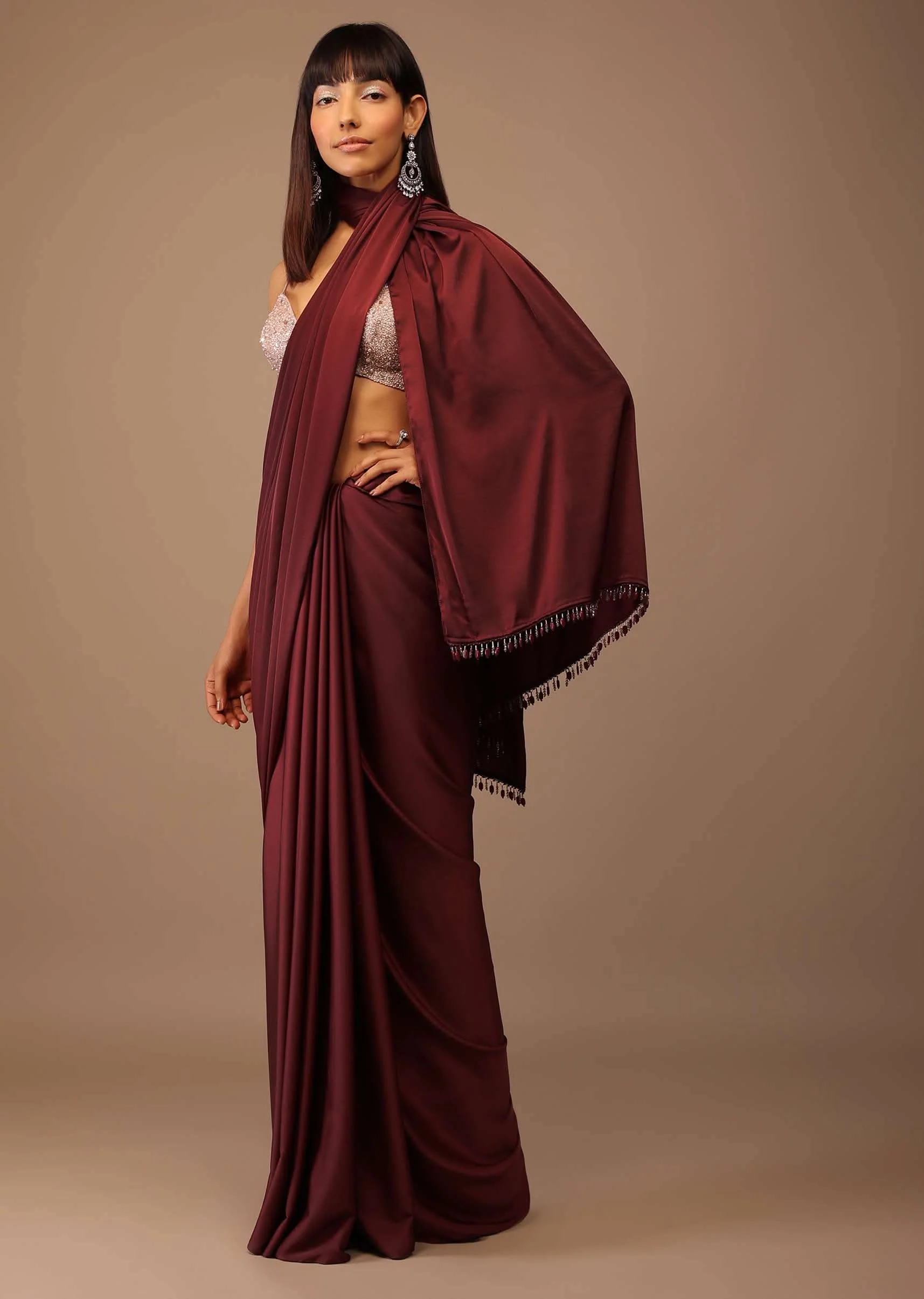 Blood Red Satin Saree With Fringes On The Pallu Paired With Hand Embroidered Bustier - Image 6