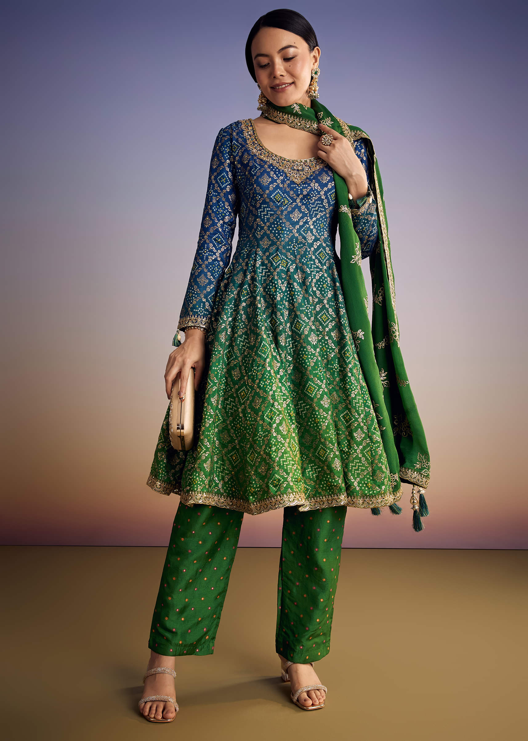 Blue And Green Ombre Bandhani Anarkali Suit With Zardosi Neckline - Image 3