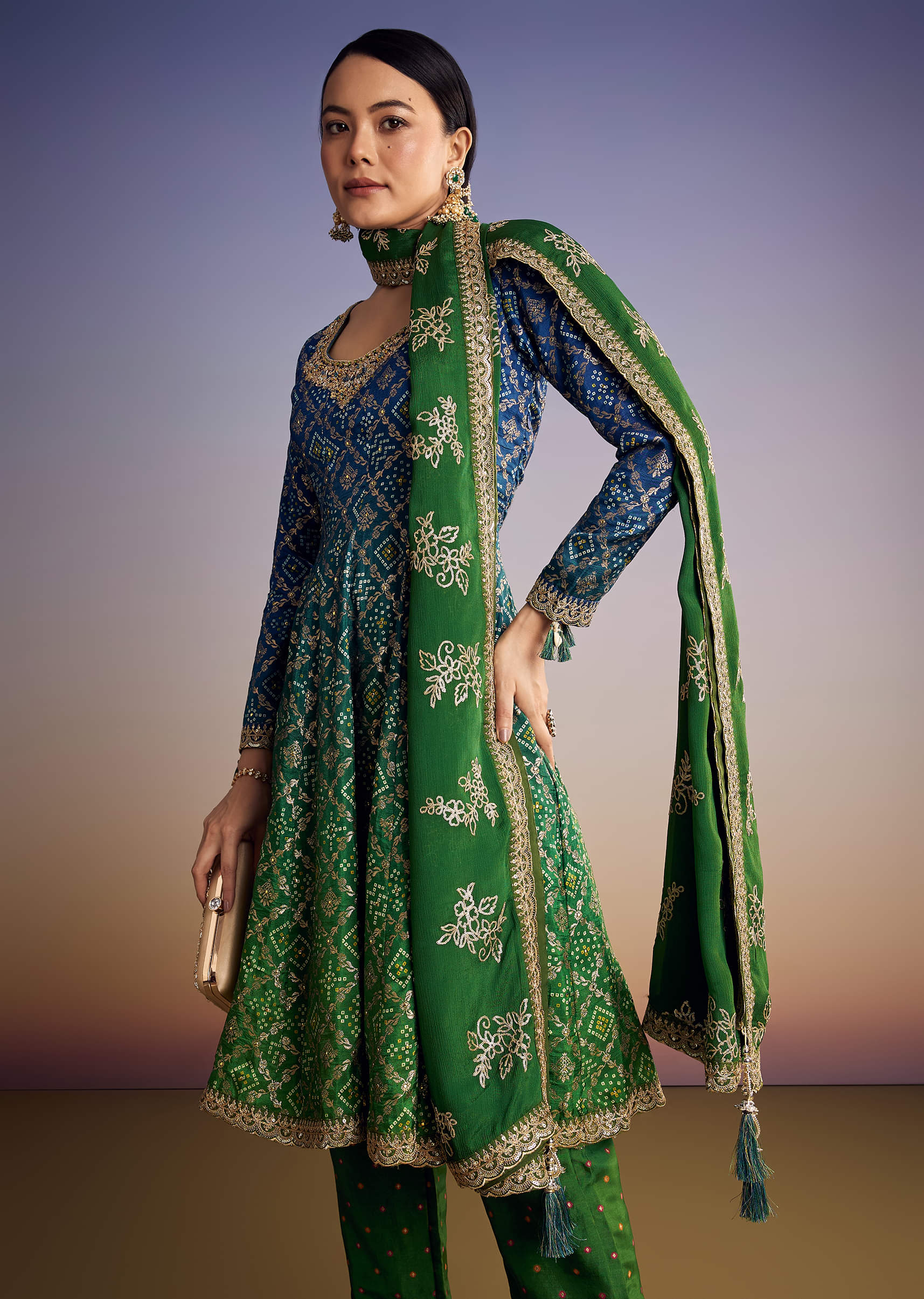 Blue And Green Ombre Bandhani Anarkali Suit With Zardosi Neckline - Image 4