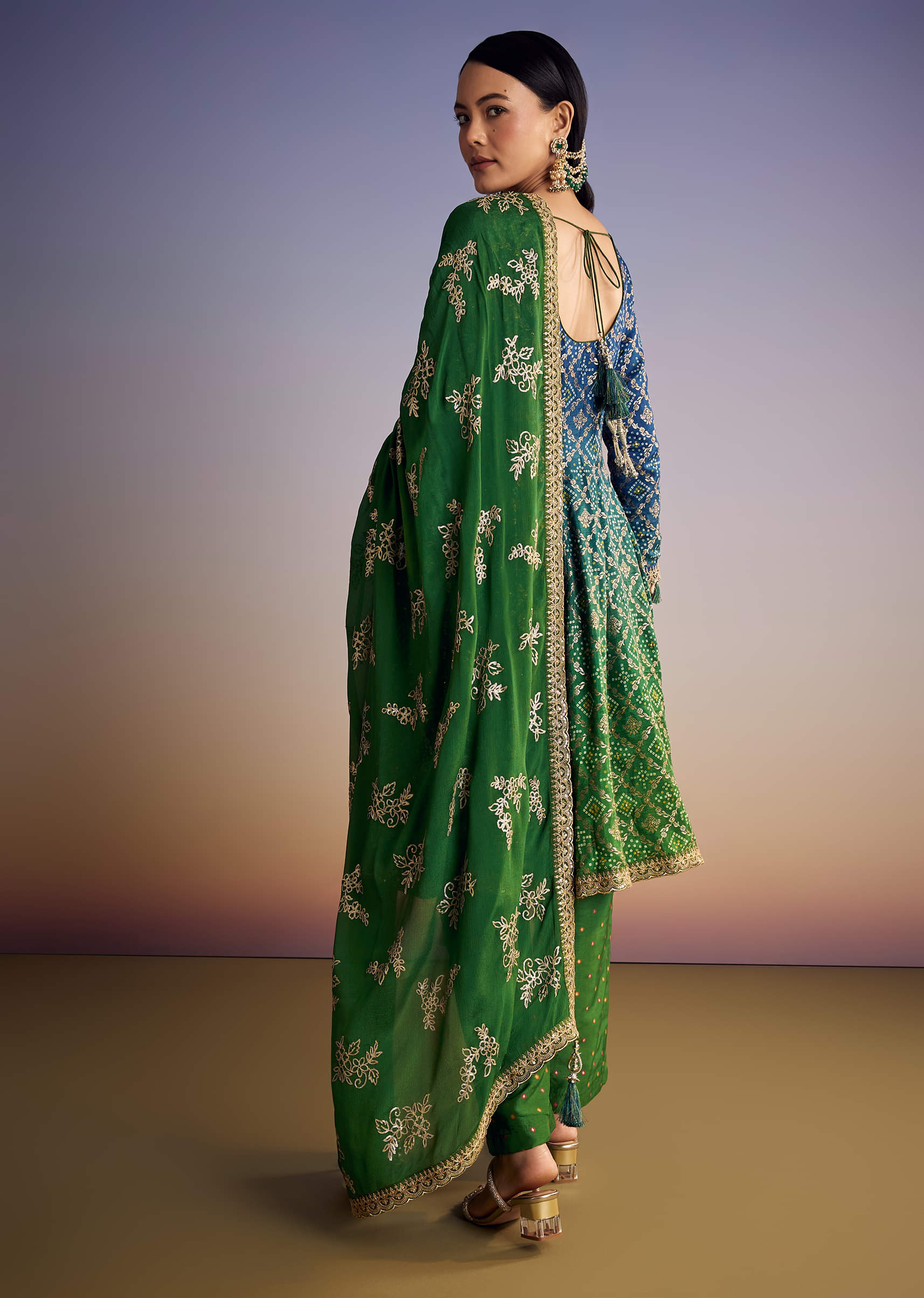 Blue And Green Ombre Bandhani Anarkali Suit With Zardosi Neckline - Image 5