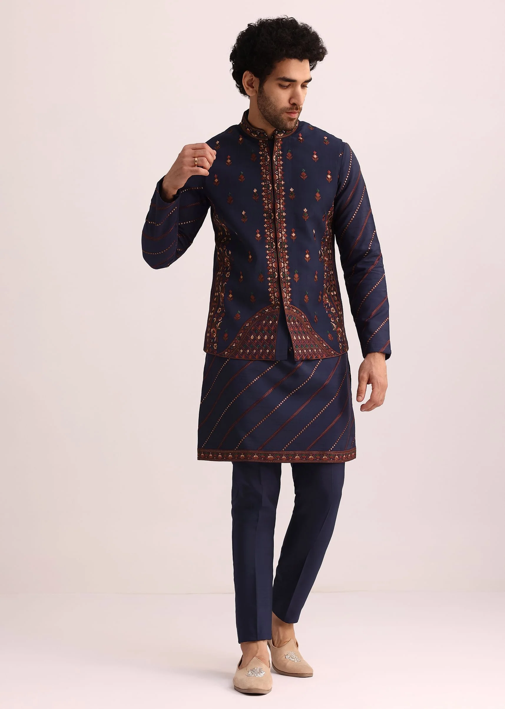 Blue And Red Silk Jacket Kurta Set With Thread Work