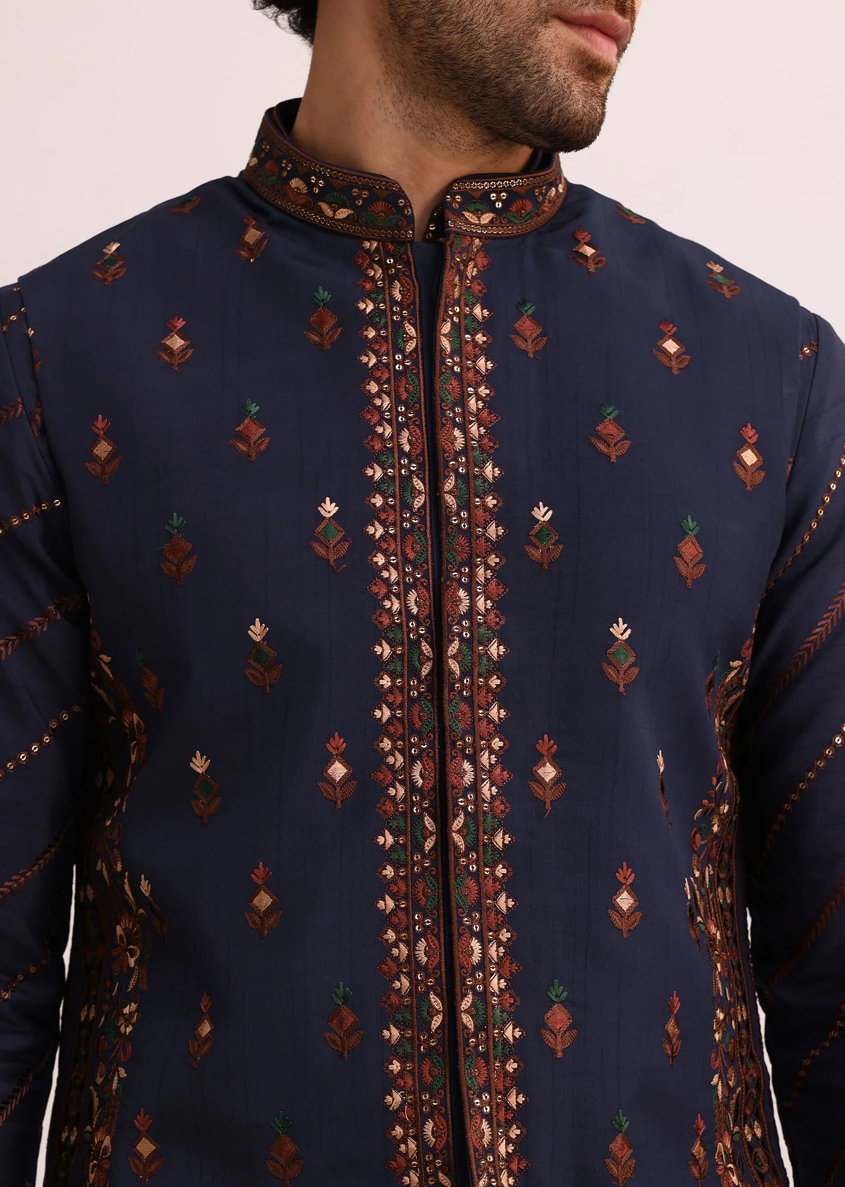 Blue And Red Silk Jacket Kurta Set With Thread Work - Image 2