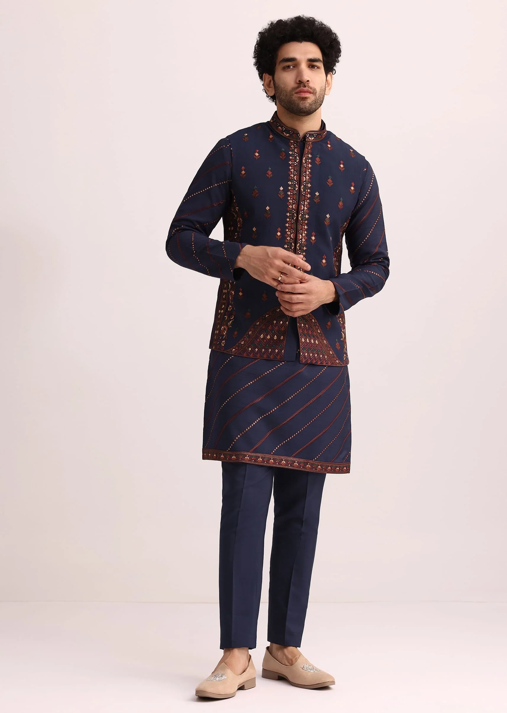 Blue And Red Silk Jacket Kurta Set With Thread Work - Image 3