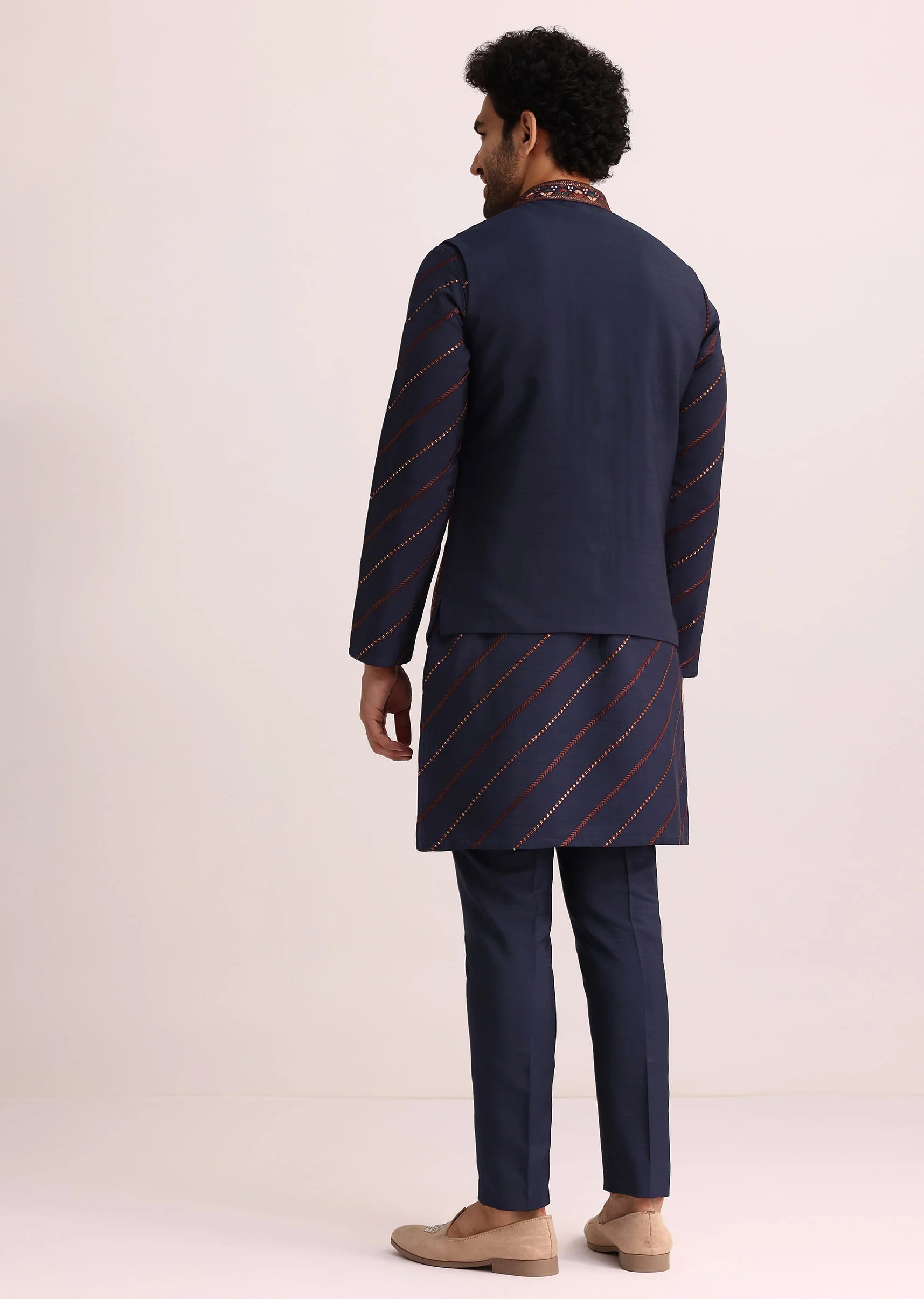 Blue And Red Silk Jacket Kurta Set With Thread Work - Image 5