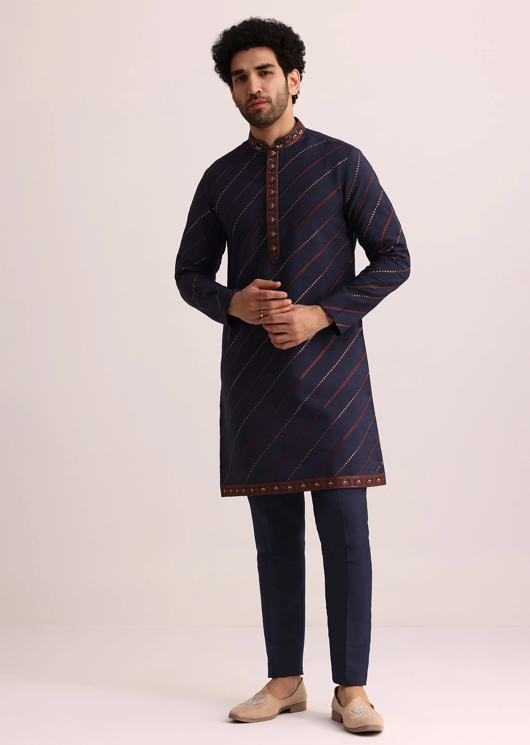 Blue And Red Silk Jacket Kurta Set With Thread Work - Image 6