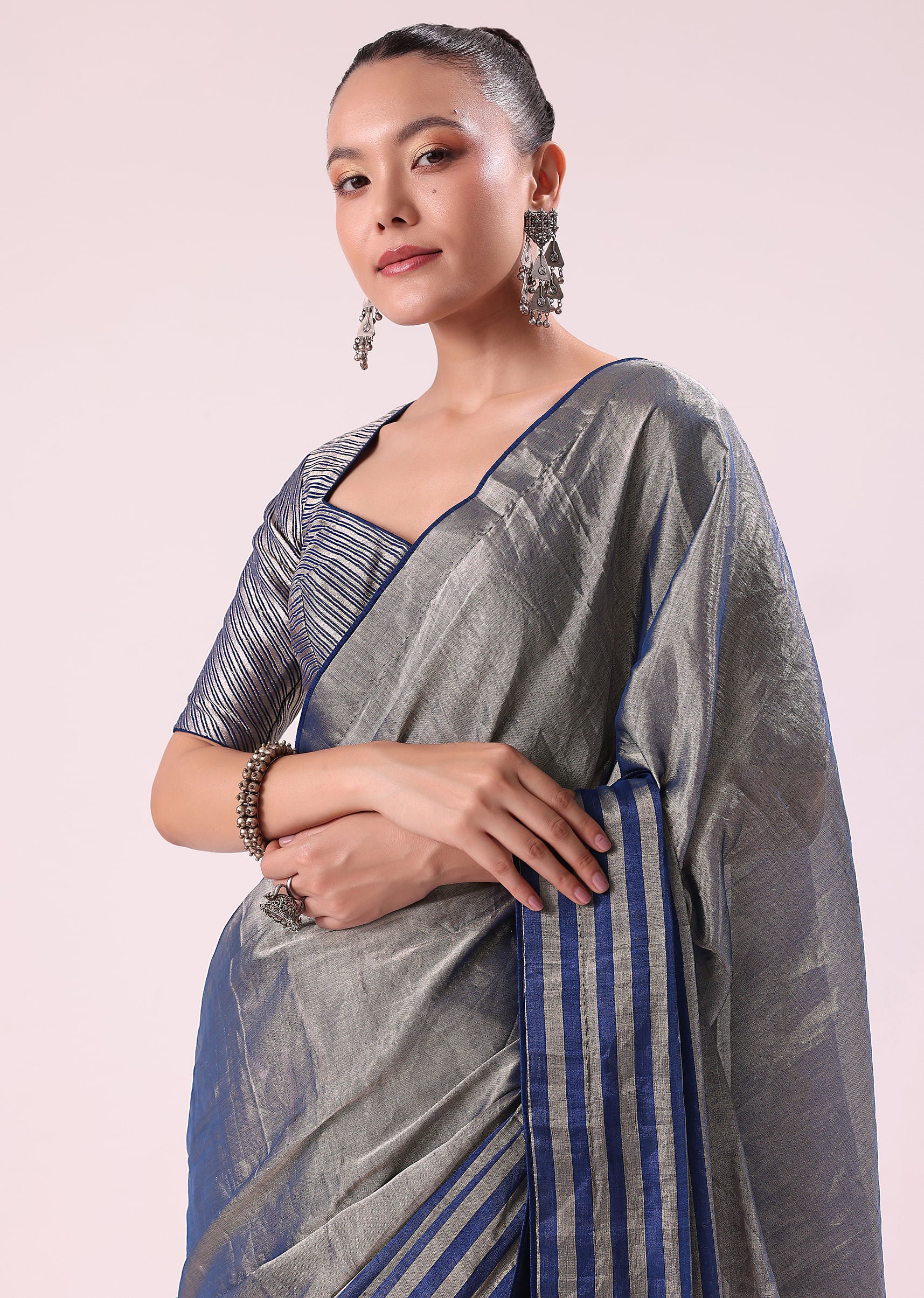 Blue And Silver Half Striped Chanderi Saree Wiith Stitched Blouse - Image 5