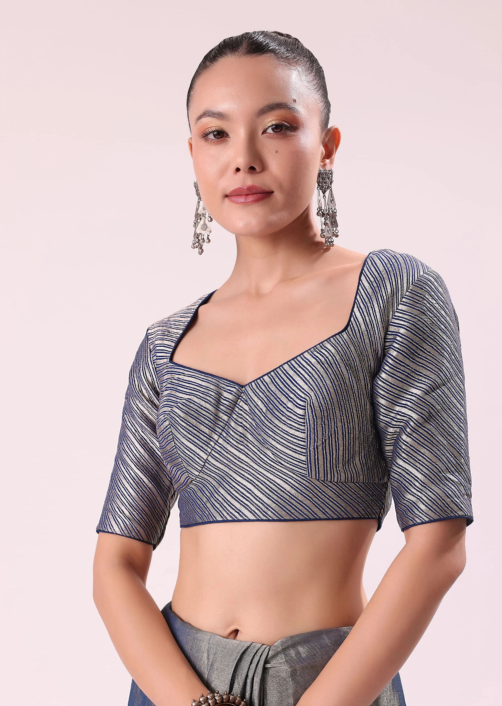 Blue And Silver Half Striped Chanderi Saree Wiith Stitched Blouse - Image 6
