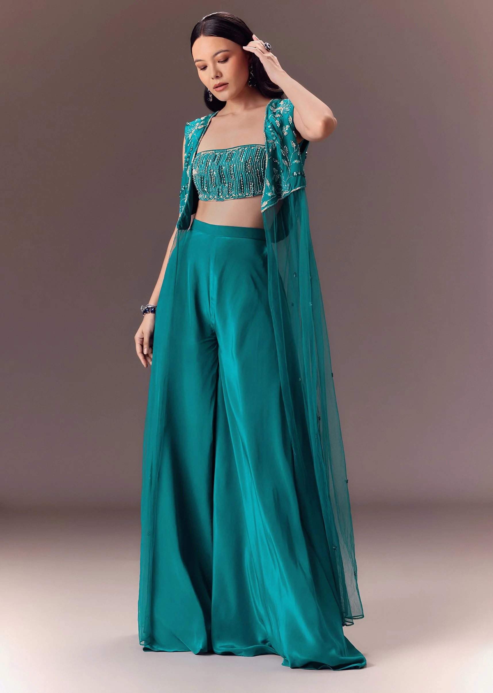 Blue Asymmetric Embroidered Jacket With Blouse And Palazzo Pants
