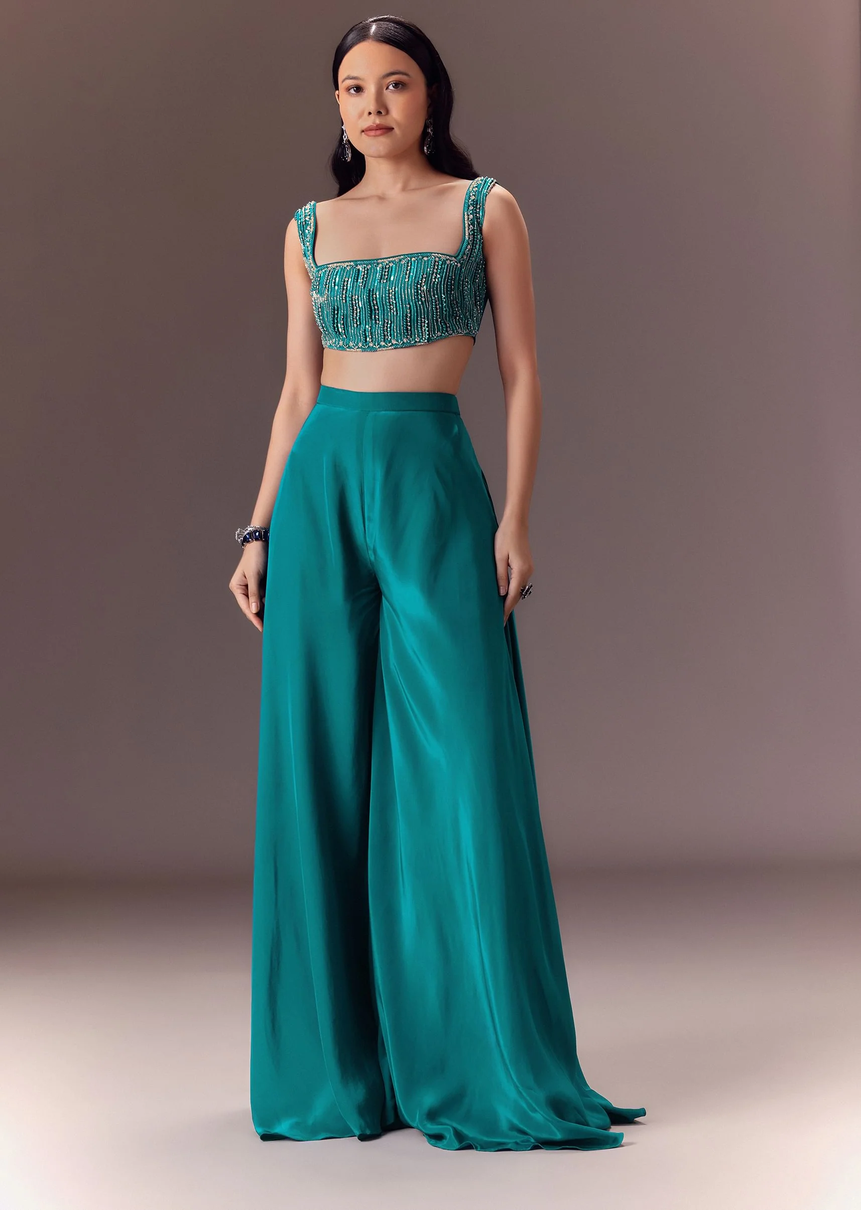 Blue Asymmetric Embroidered Jacket With Blouse And Palazzo Pants - Image 6