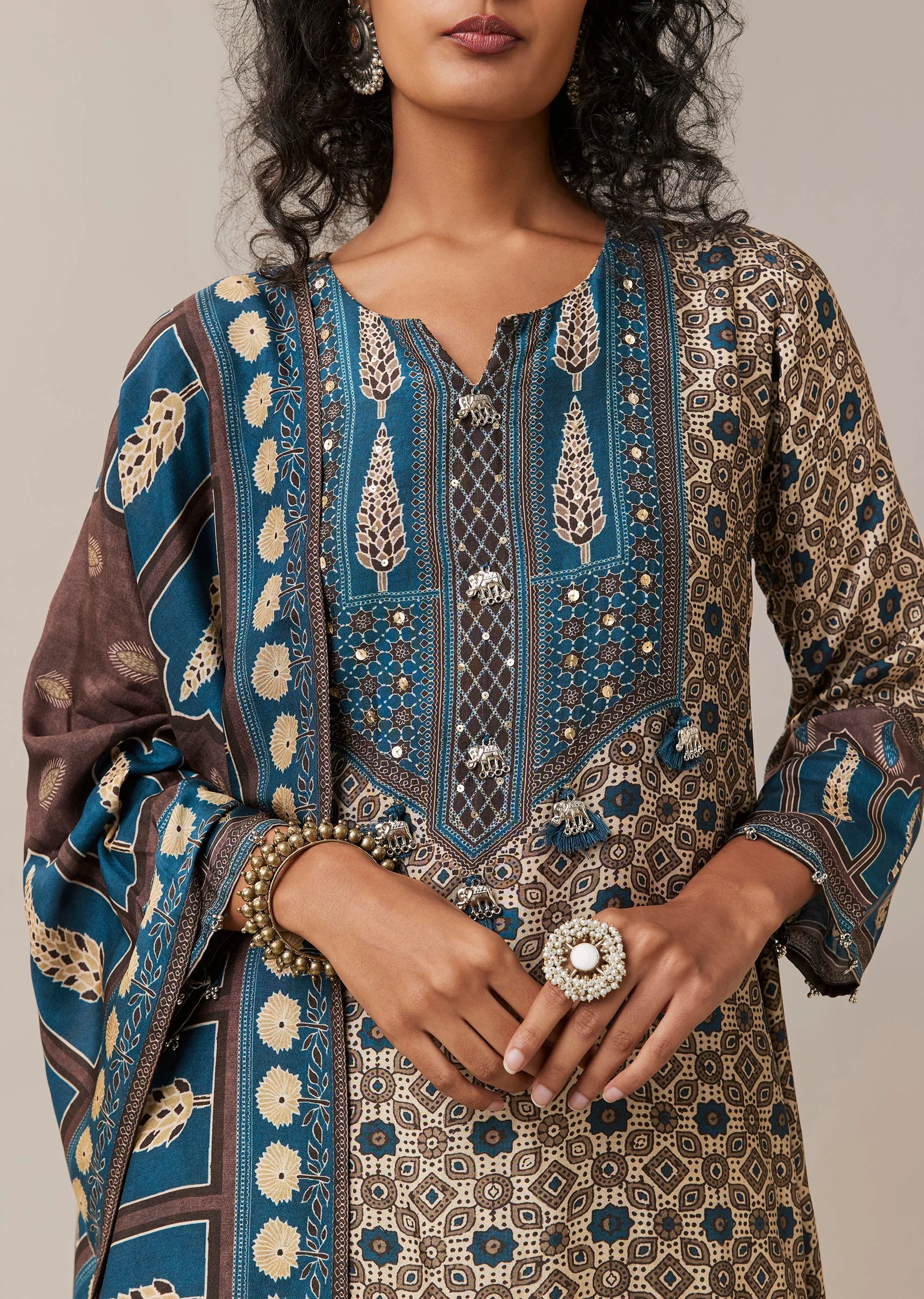 Blue Asymmetric Indie Print Silk Kurta Set - Image 2