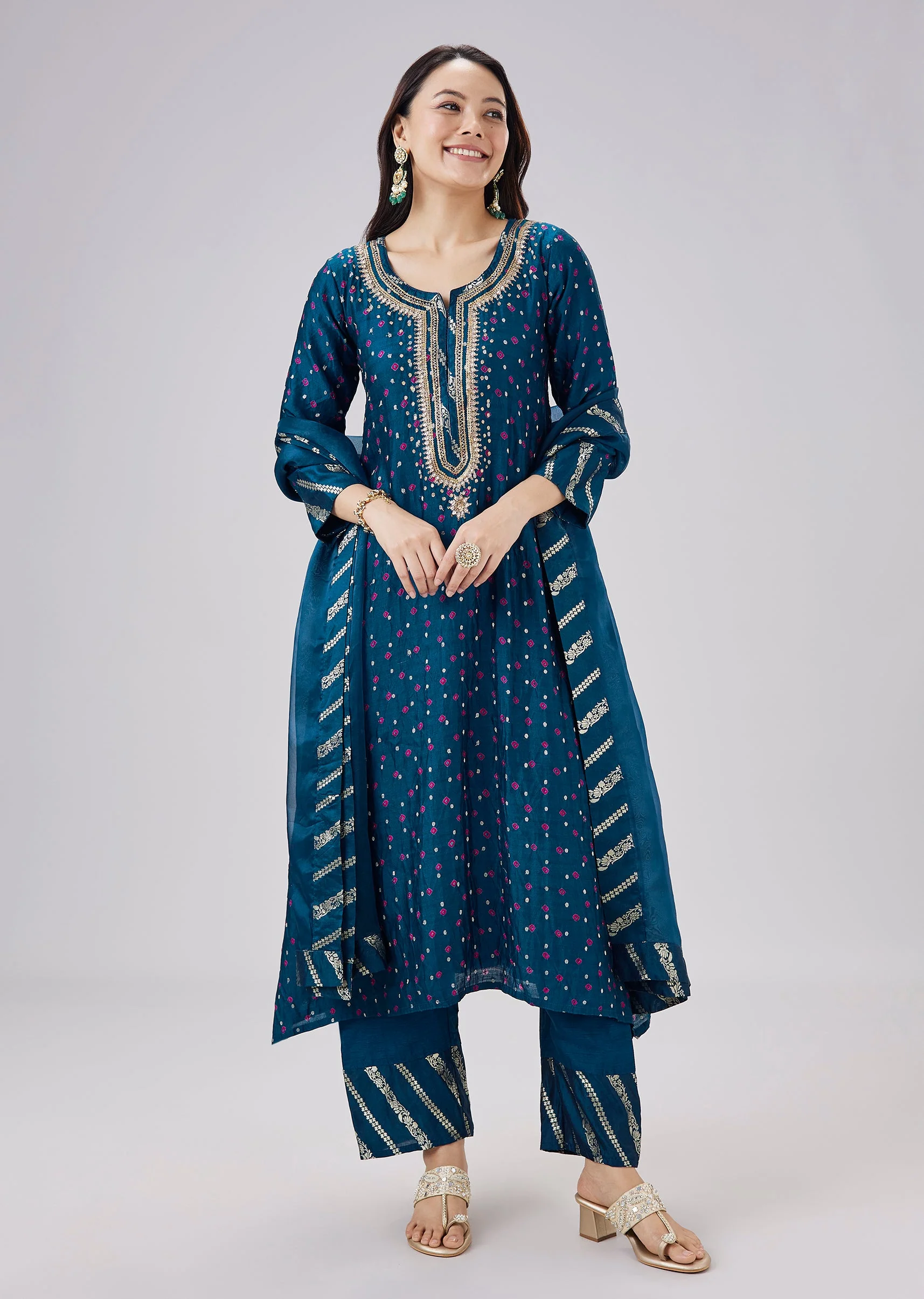 Blue Banarasi Bandhani Silk Kurta Set With Dupatta - Image 3