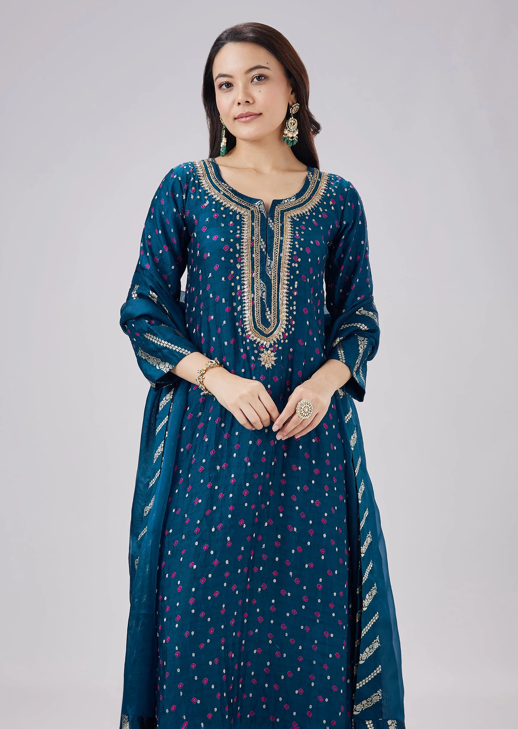 Blue Banarasi Bandhani Silk Kurta Set With Dupatta - Image 4