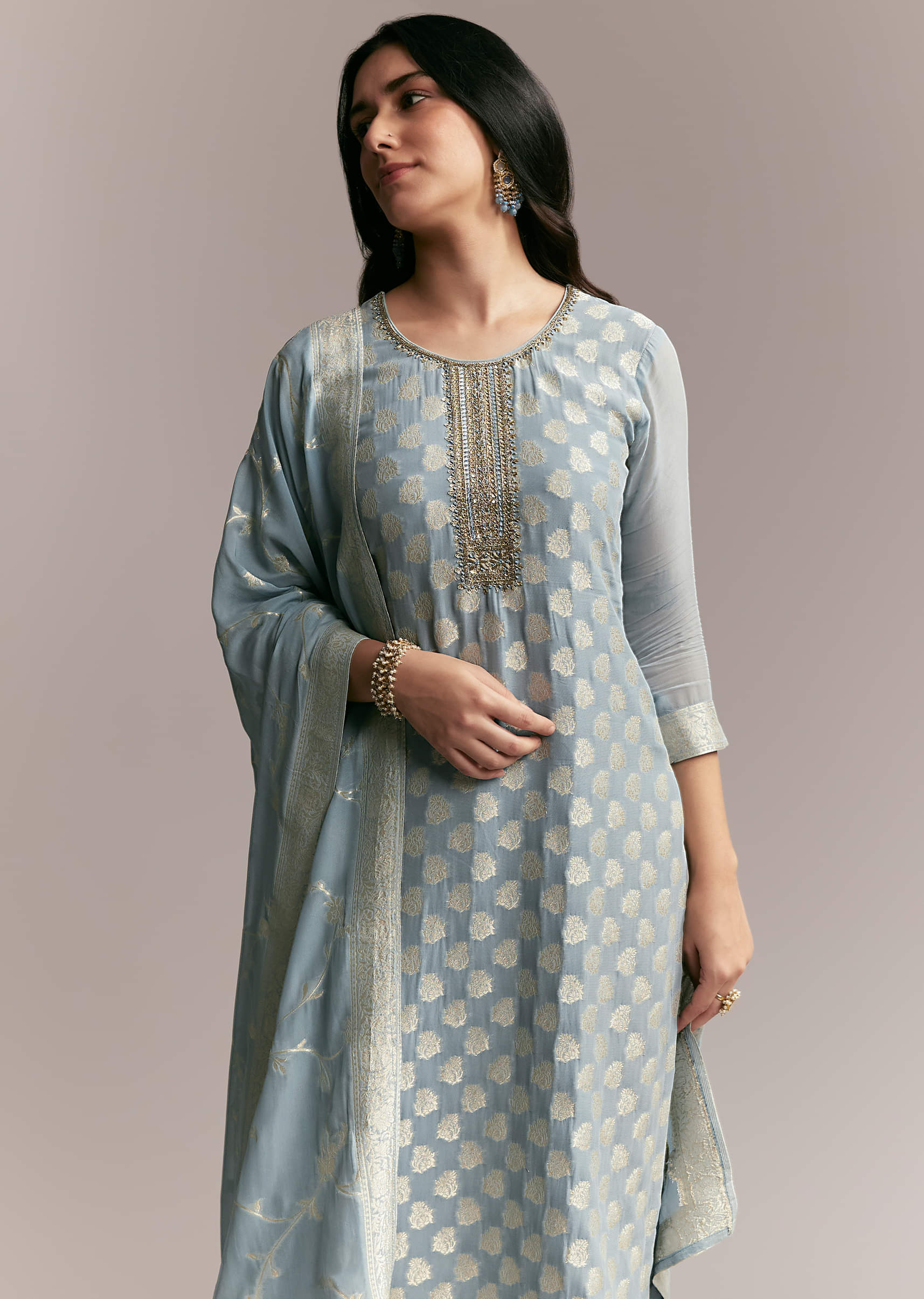 Blue Banarasi Kurta Set - Image 4
