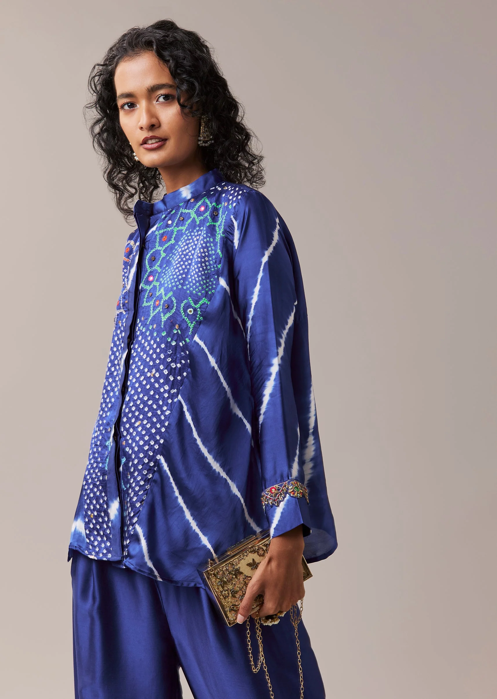 Blue Bandhani and Leheriya Hand Dyed Shirt Pant Set - Image 4