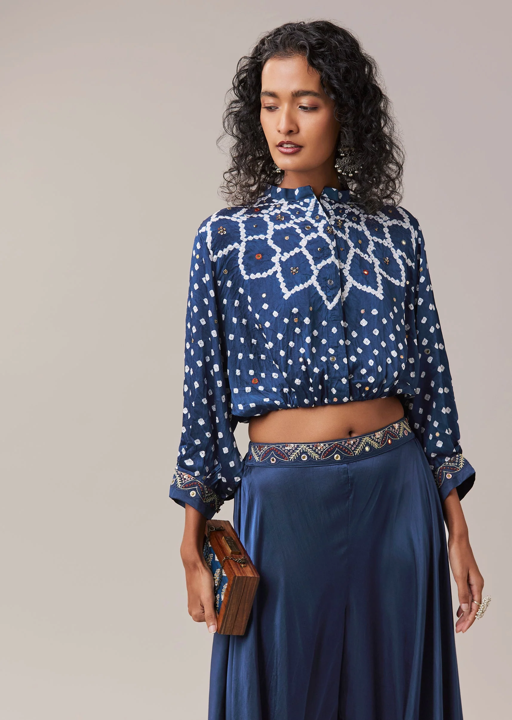 Blue Bandhani Hand Dyed Crop Top and Palazzo Set - Image 4