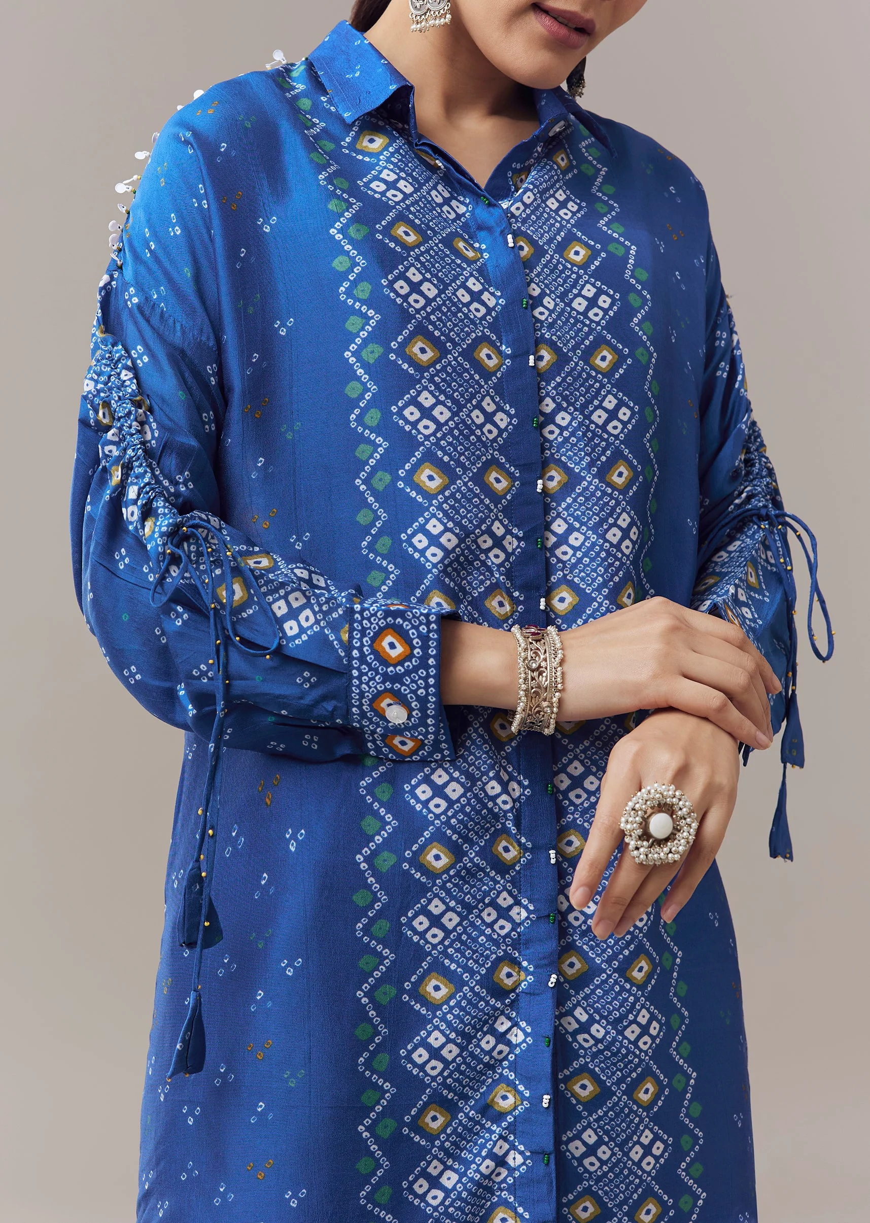 Blue Bandhani Print Silk Coord Set With Beads Detail - Image 2