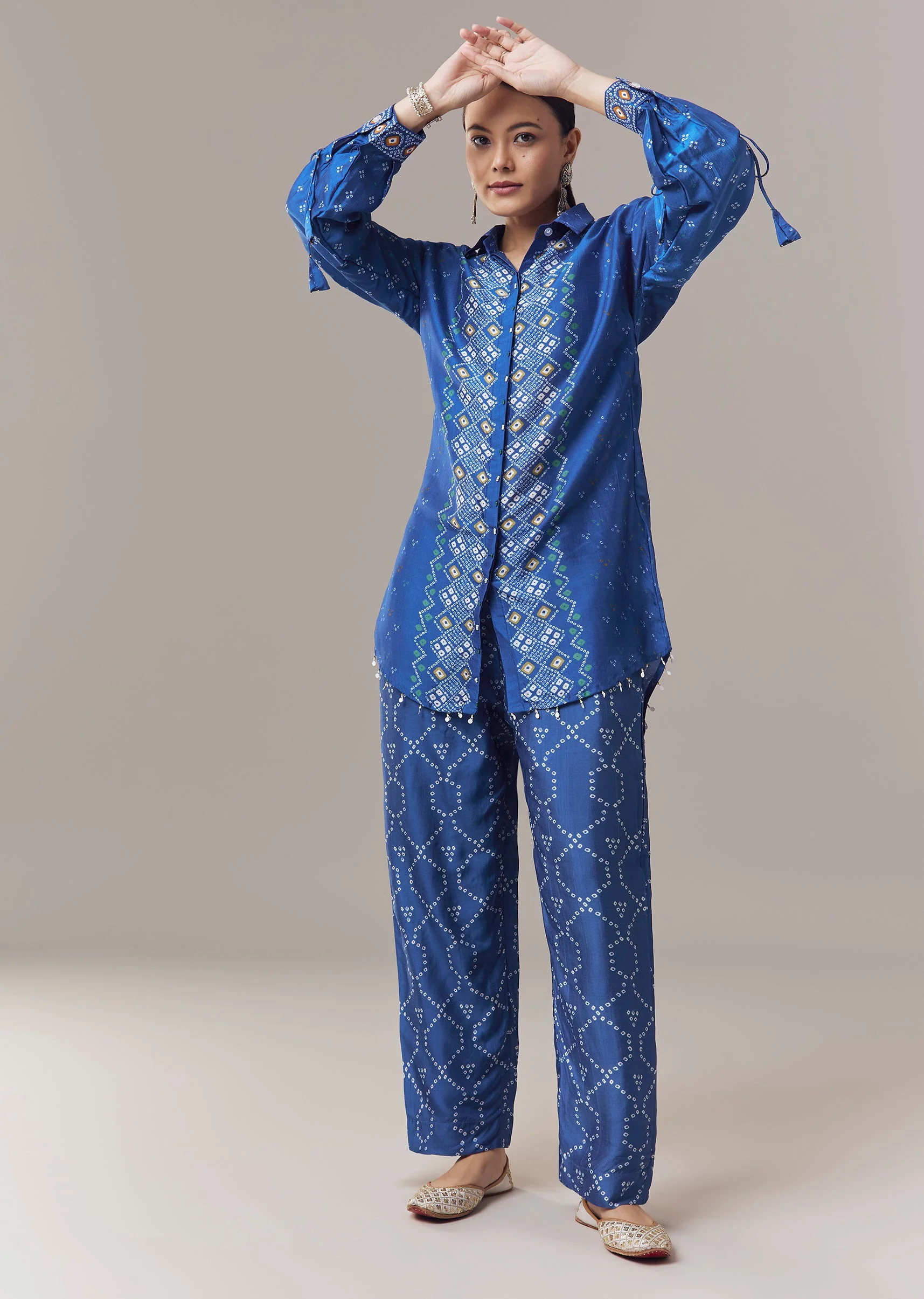 Blue Bandhani Print Silk Coord Set With Beads Detail - Image 3