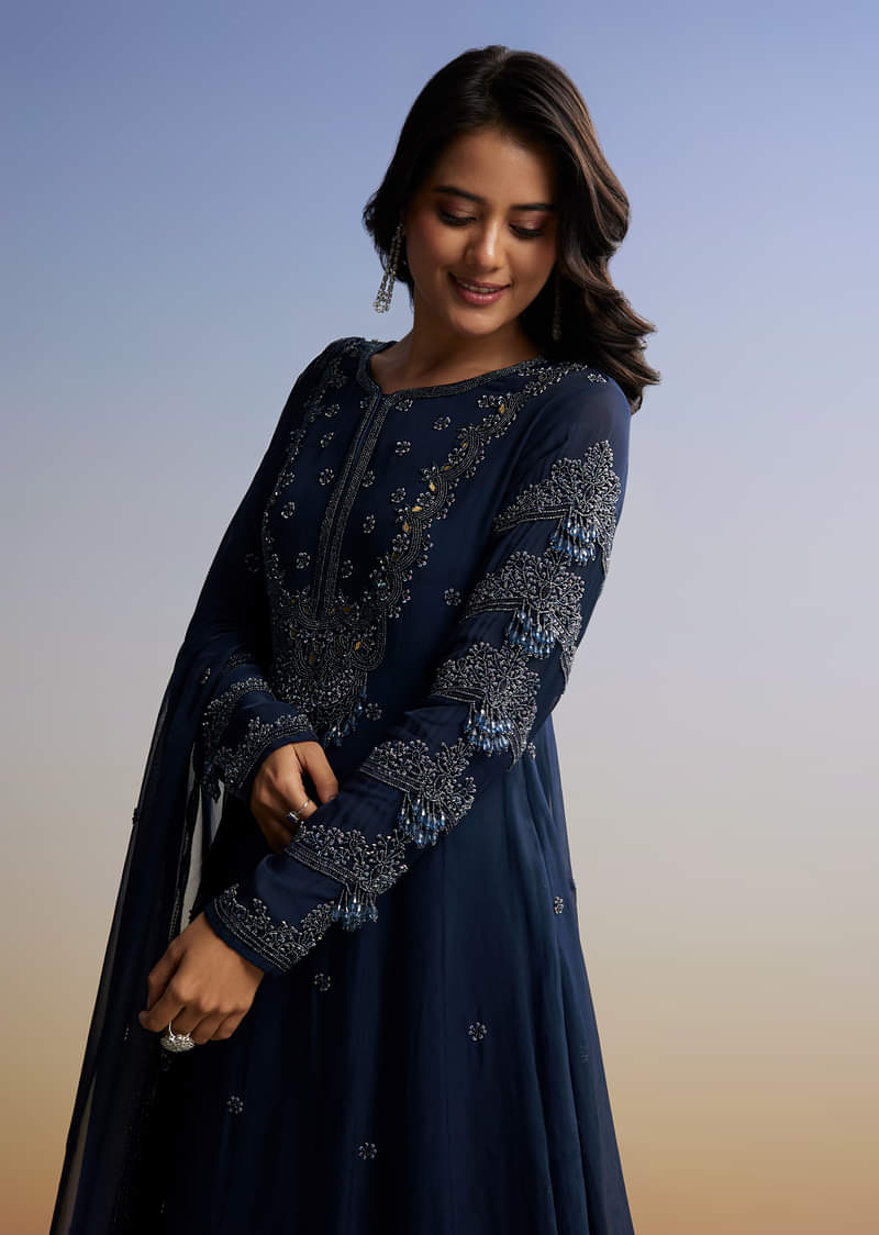 Blue Beaded Anarkali Set With Dupatta - Image 3
