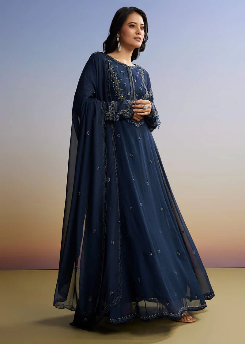 Blue Beaded Anarkali Set With Dupatta - Image 4