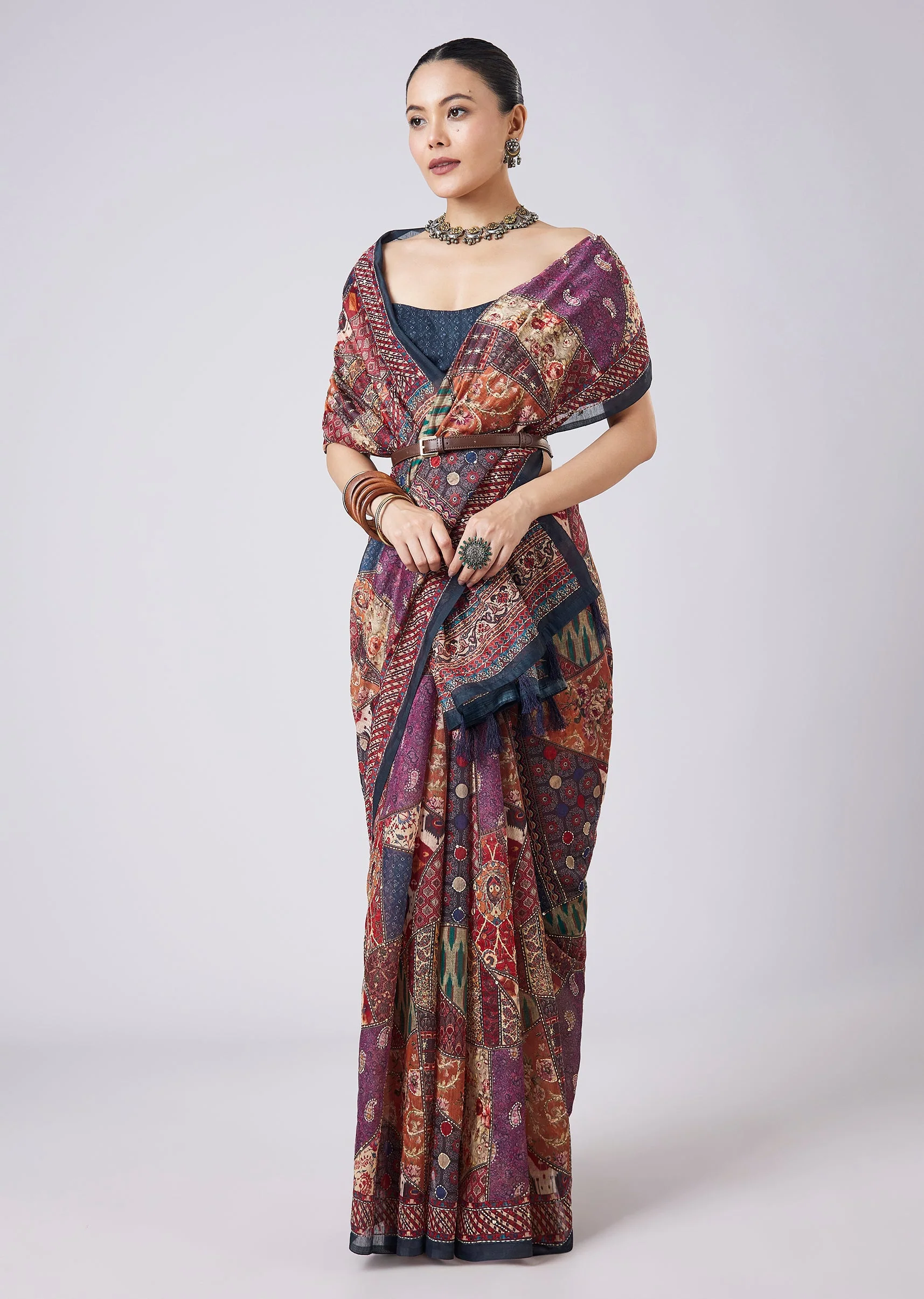 Blue Block Printed Motif Saree with Unstitched Blouse
