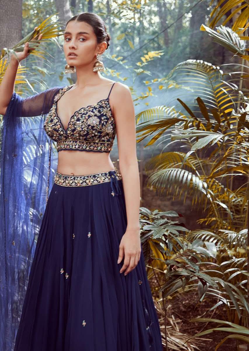 Blue blood Lehenga Choli With Hand Embroidered Crop Top Using Sequins And Beads In Floral Jaal Design - Image 2