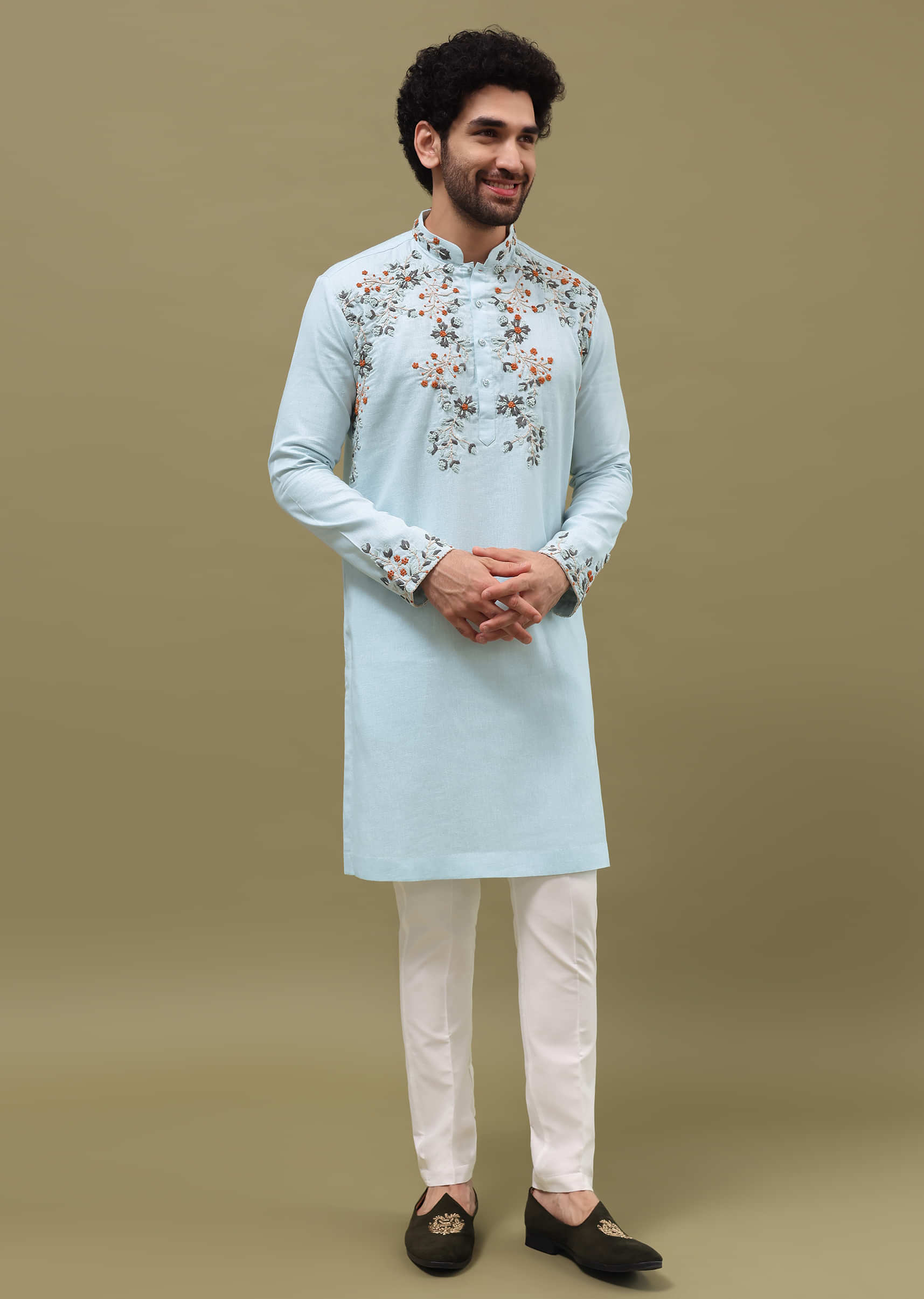 Blue Bud Embroidered Linen Kurta Set For Men - Image 2