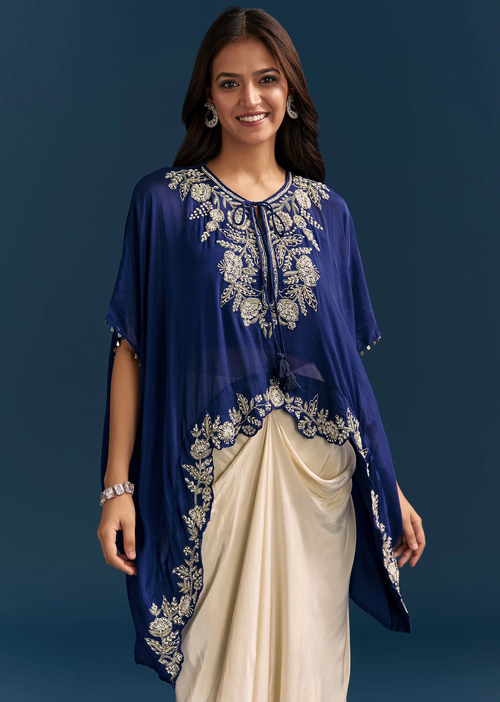 Blue Cape Crop Top Skirt Set With Embroidered Details - Image 3