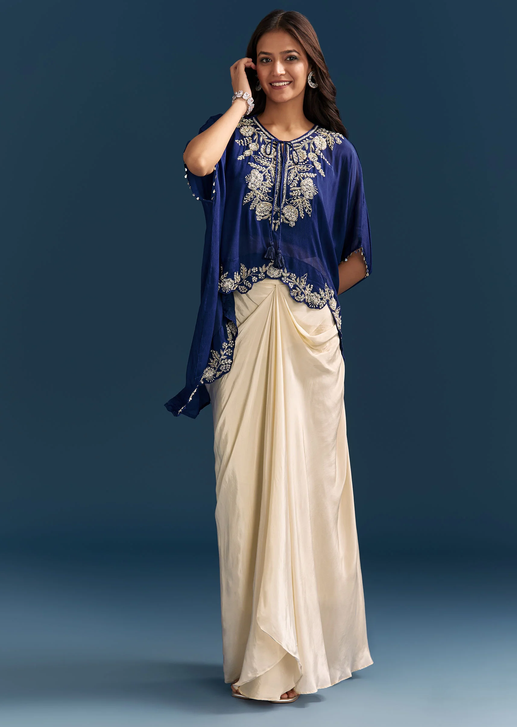 Blue Cape Crop Top Skirt Set With Embroidered Details - Image 4