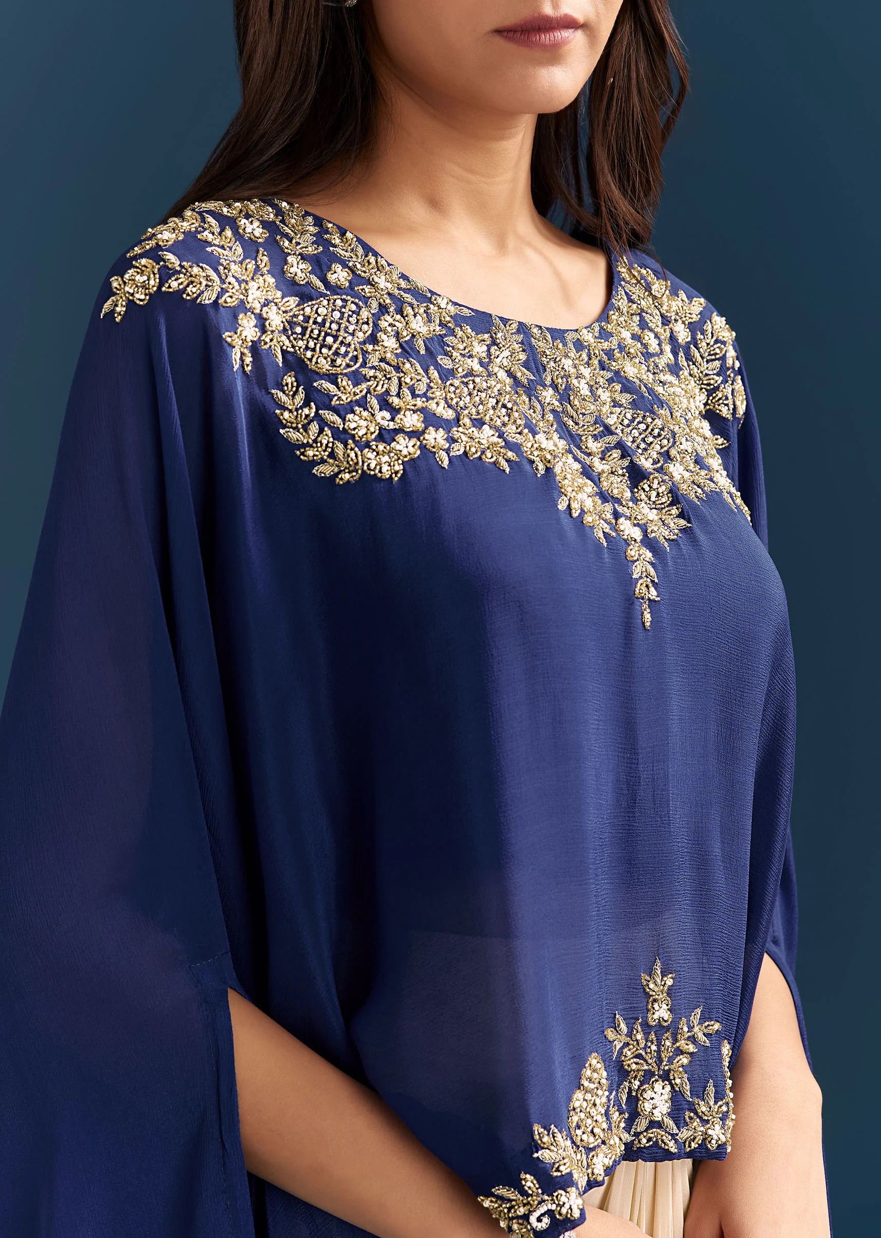 Blue Cape Crop Top Skirt With Moti And Cut Dana Work - Image 2