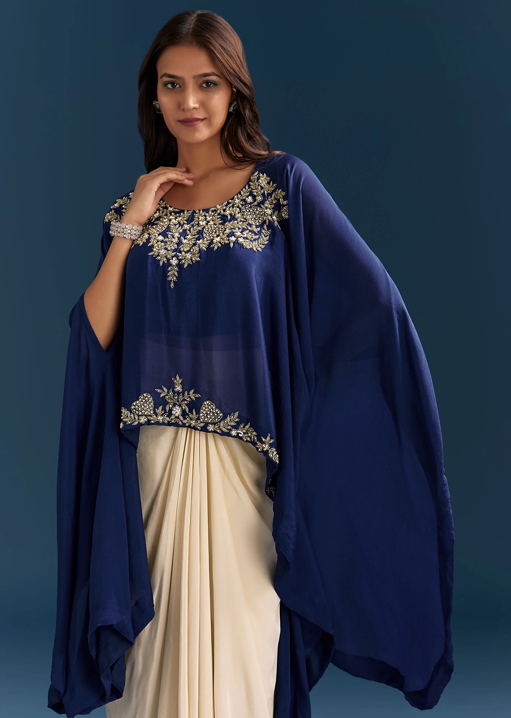 Blue Cape Crop Top Skirt With Moti And Cut Dana Work - Image 3