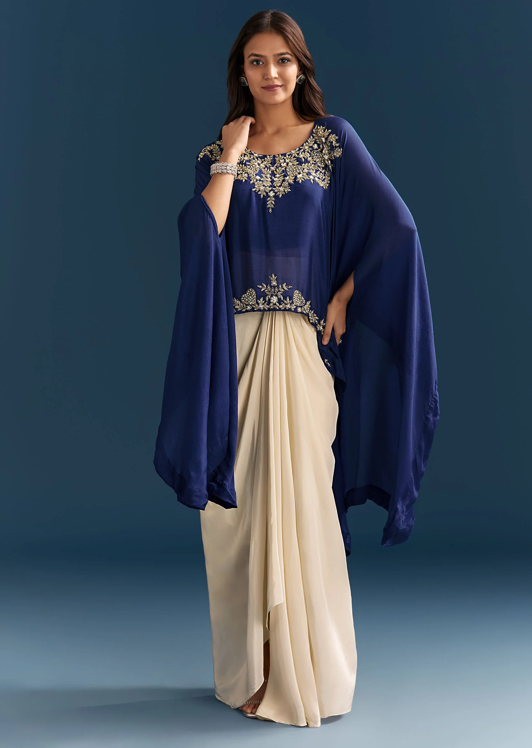 Blue Cape Crop Top Skirt With Moti And Cut Dana Work - Image 4