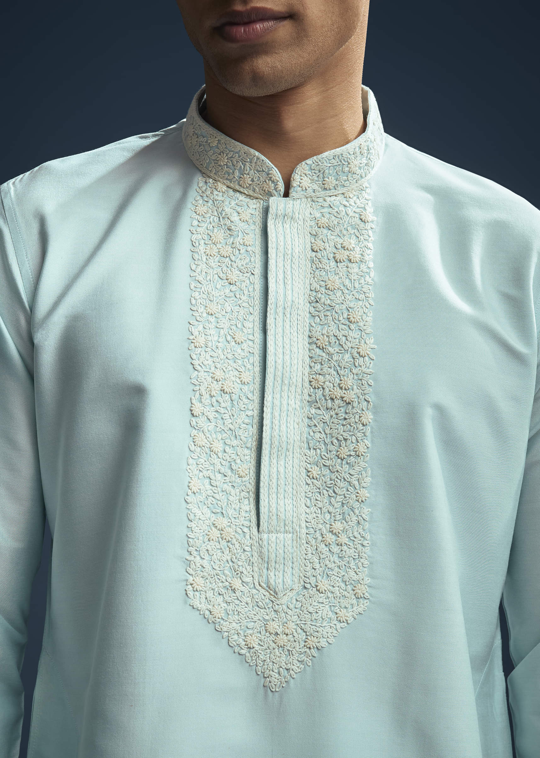 Blue Chanderi Kurta Set For Men With Kashmiri Hand Work - Image 2