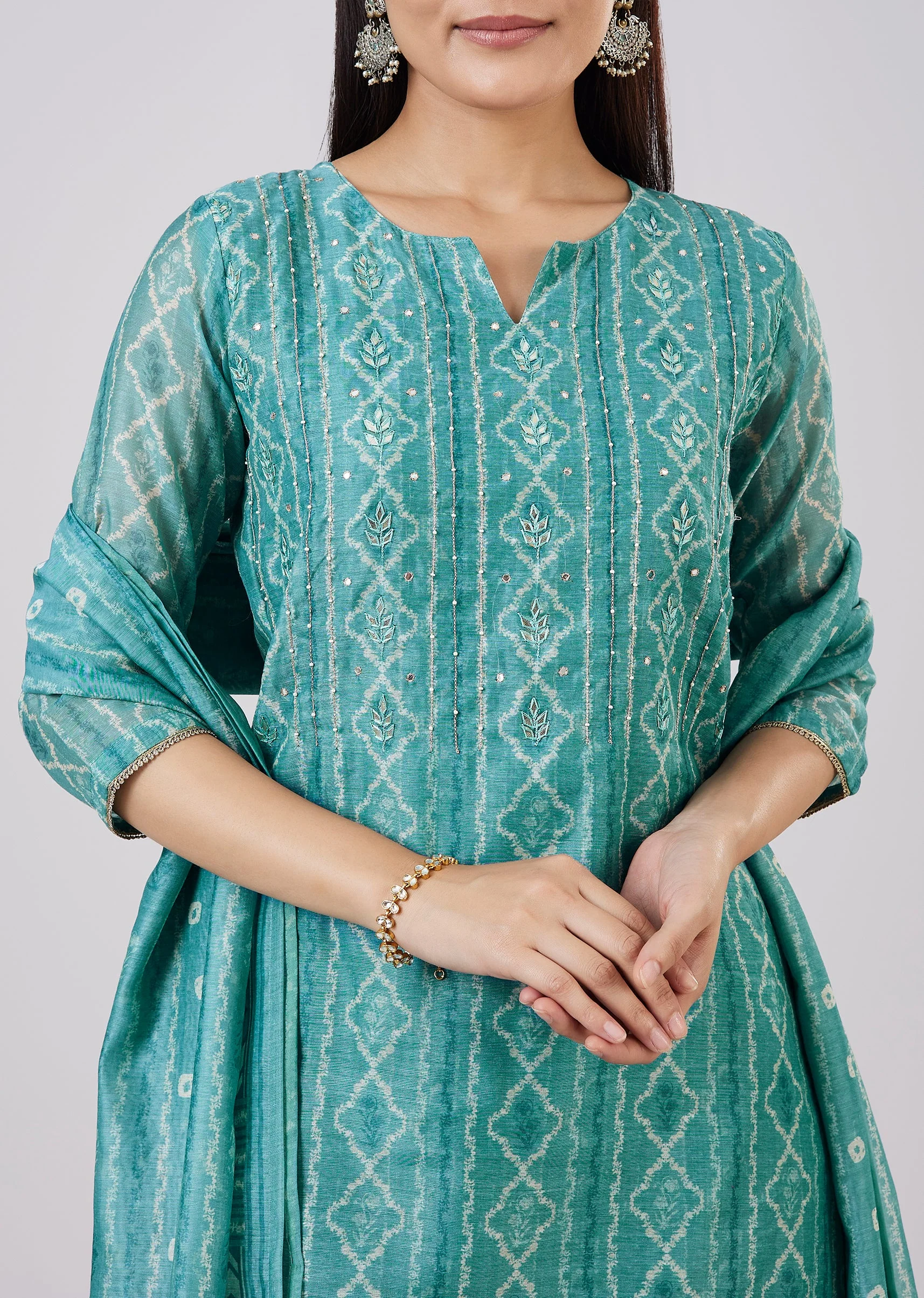 Blue Chanderi Kurta Set With Gotta And Moti Work - Image 2