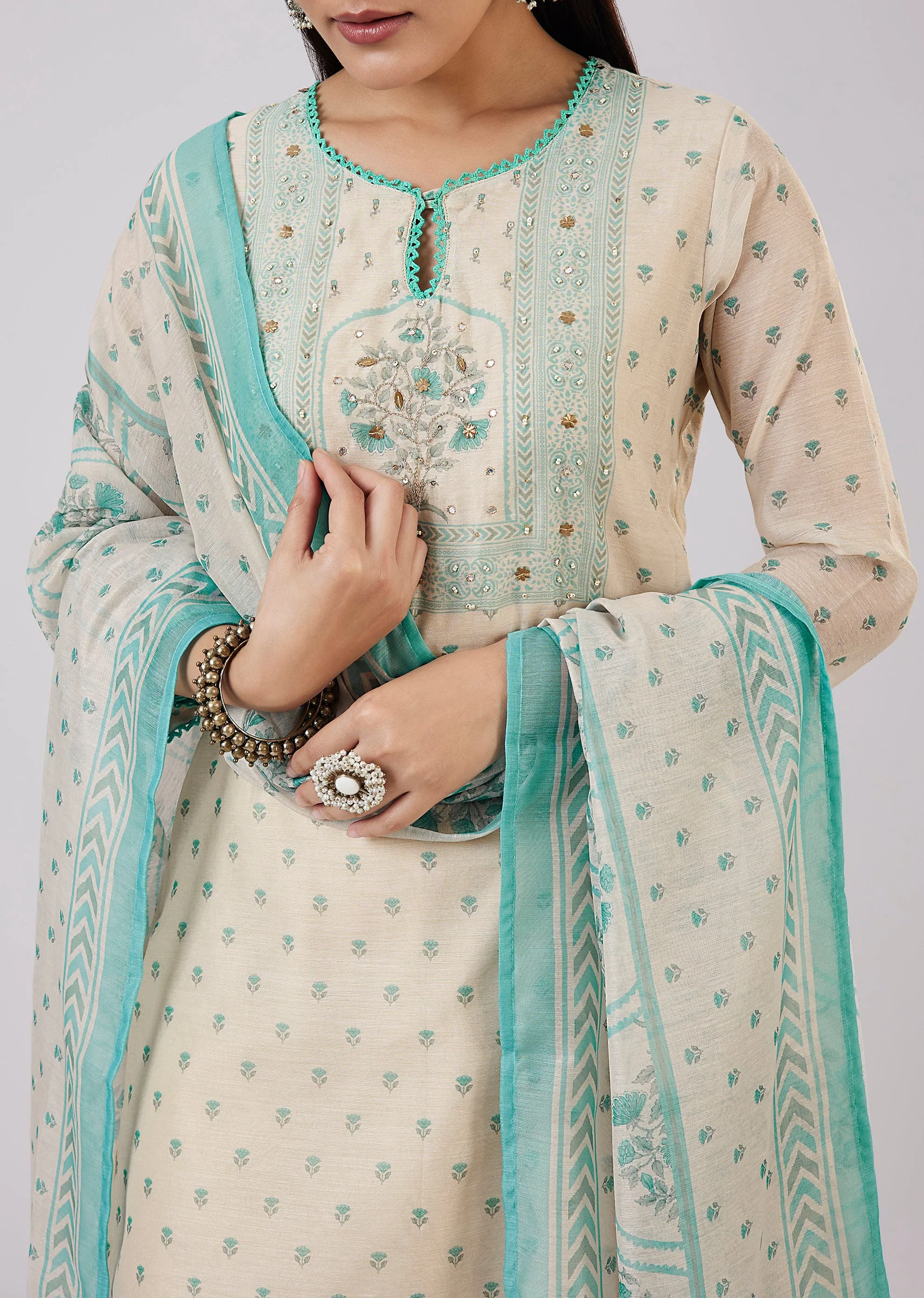 Blue Chanderi Kurta Set With Zari And Sequins - Image 2