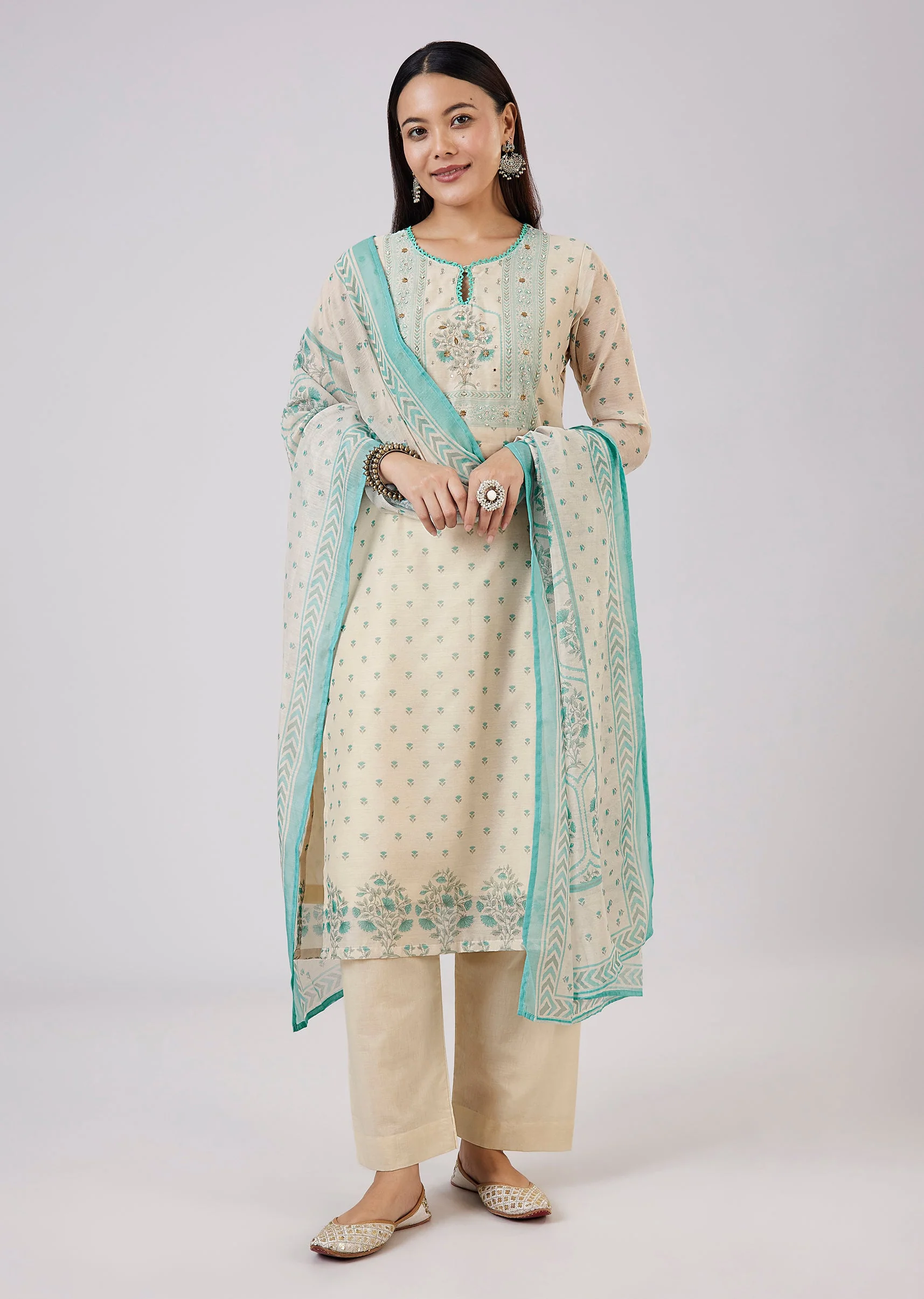 Blue Chanderi Kurta Set With Zari And Sequins - Image 3