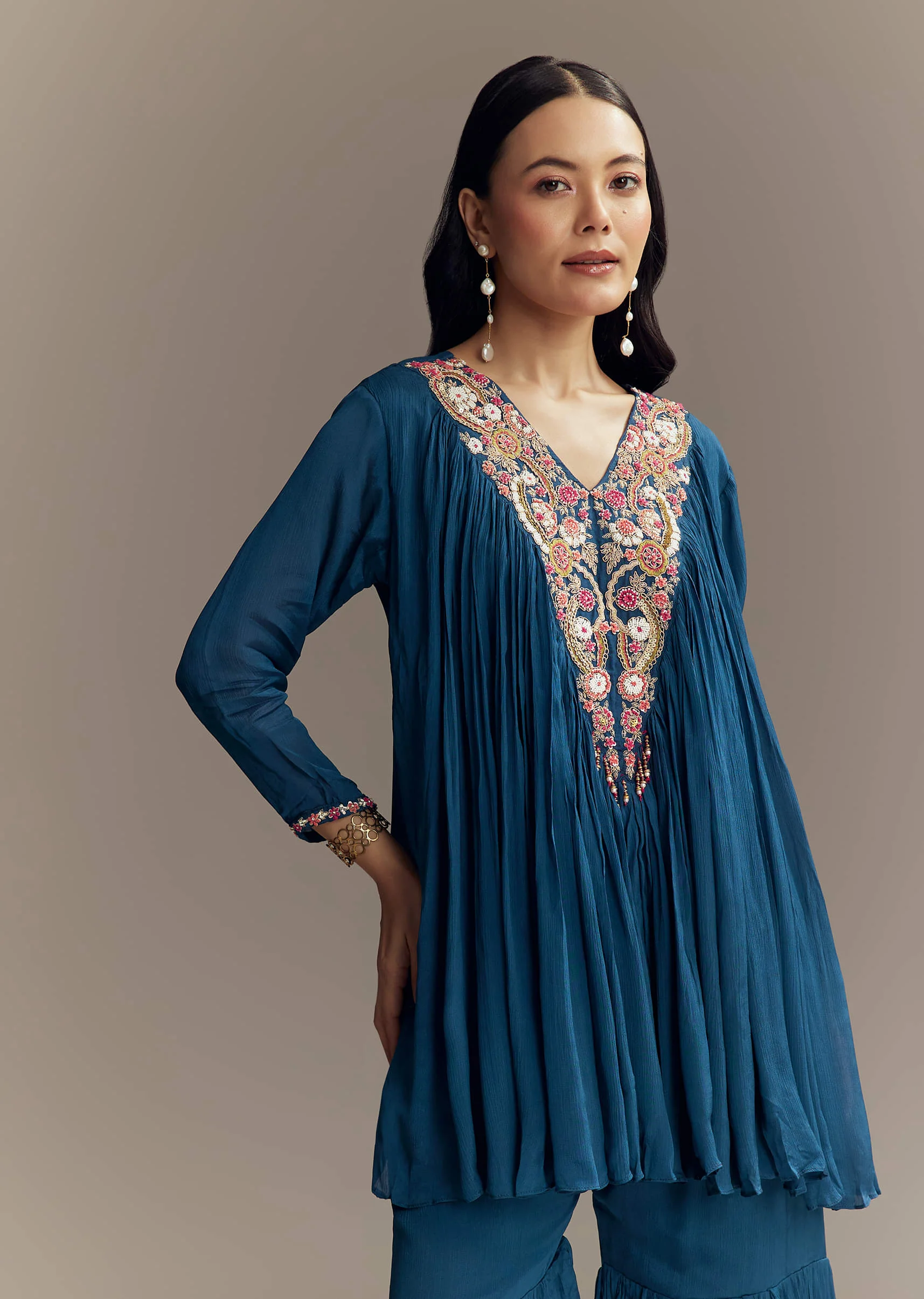 Blue Chinon Indo Western Top And Sharara Set With Moti Work - Image 4