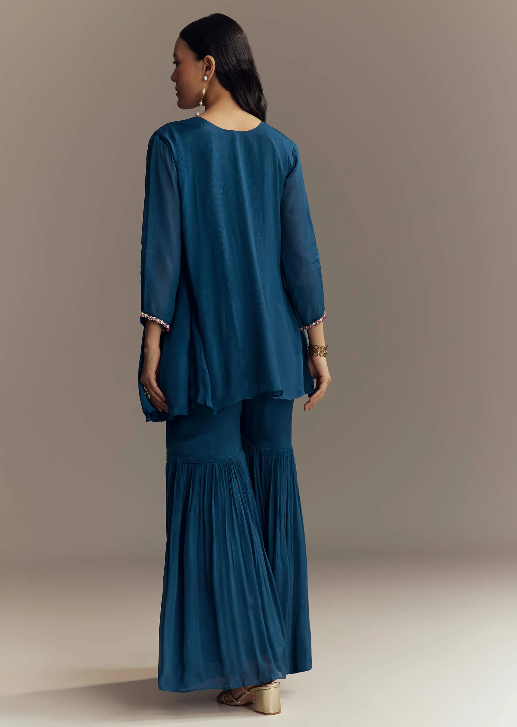 Blue Chinon Indo Western Top And Sharara Set With Moti Work - Image 5