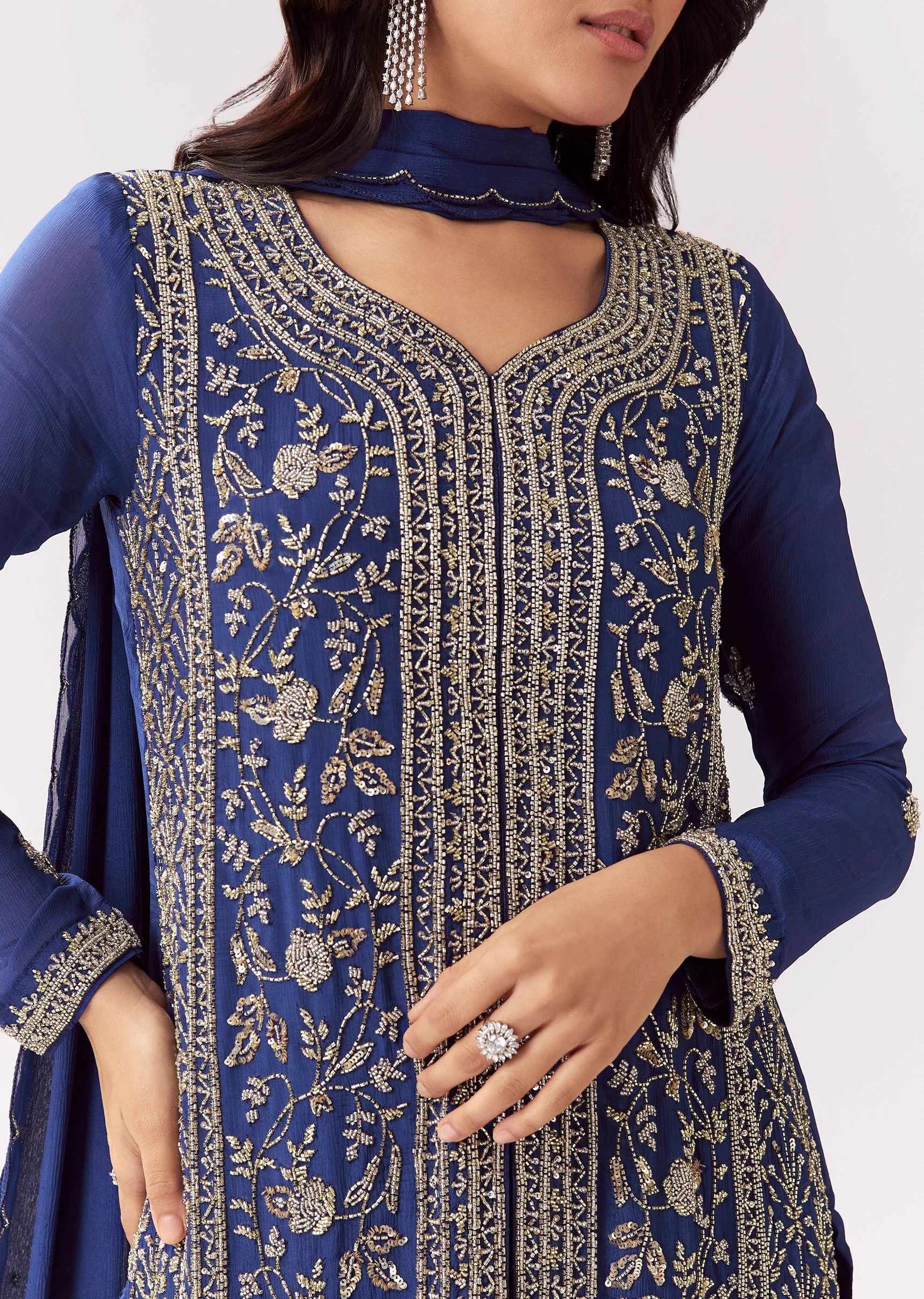 Blue Chinon Palazzo Suit With Cutdana Beadwork And Sweetheart Neckline - Image 2