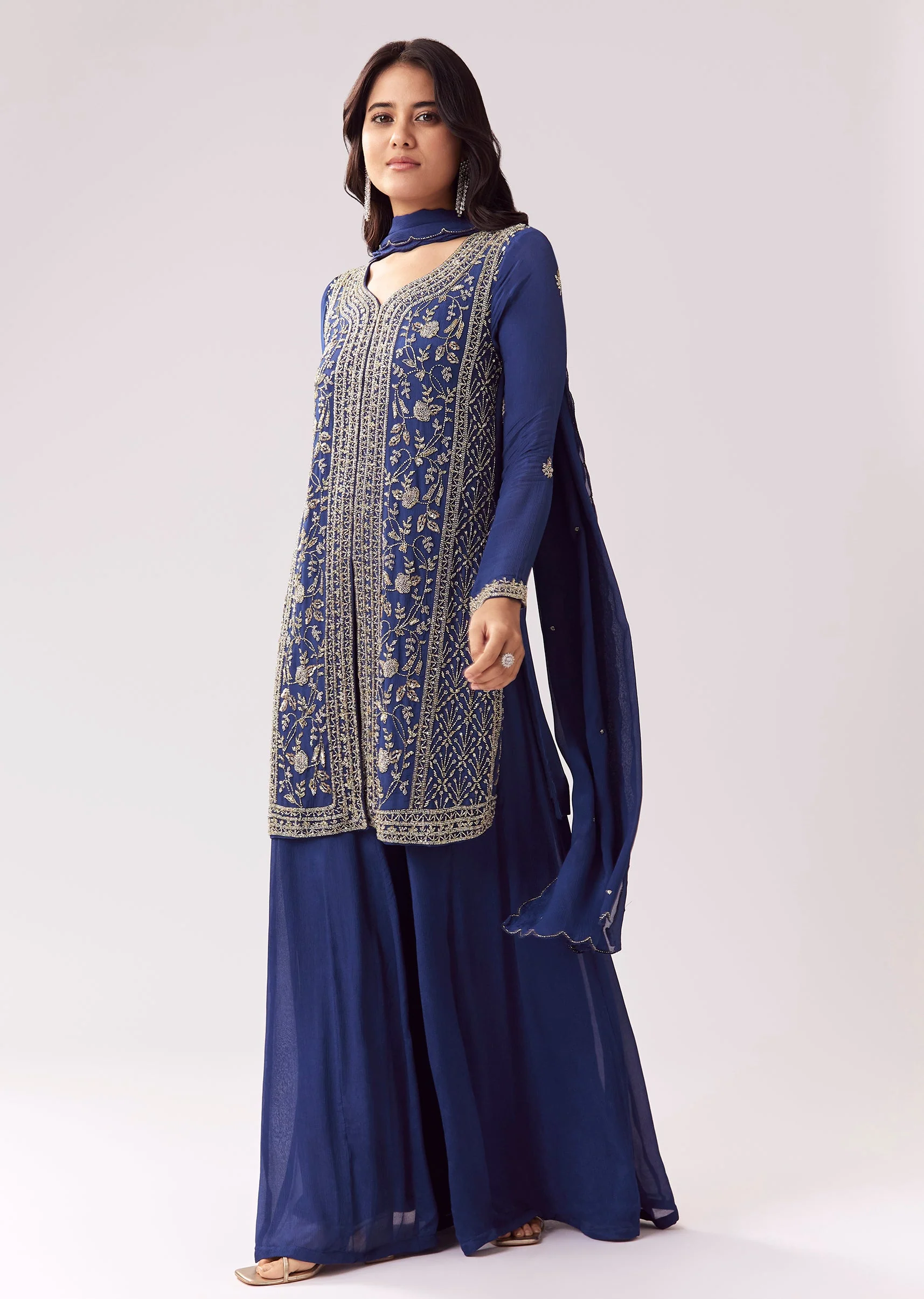 Blue Chinon Palazzo Suit With Cutdana Beadwork And Sweetheart Neckline - Image 3