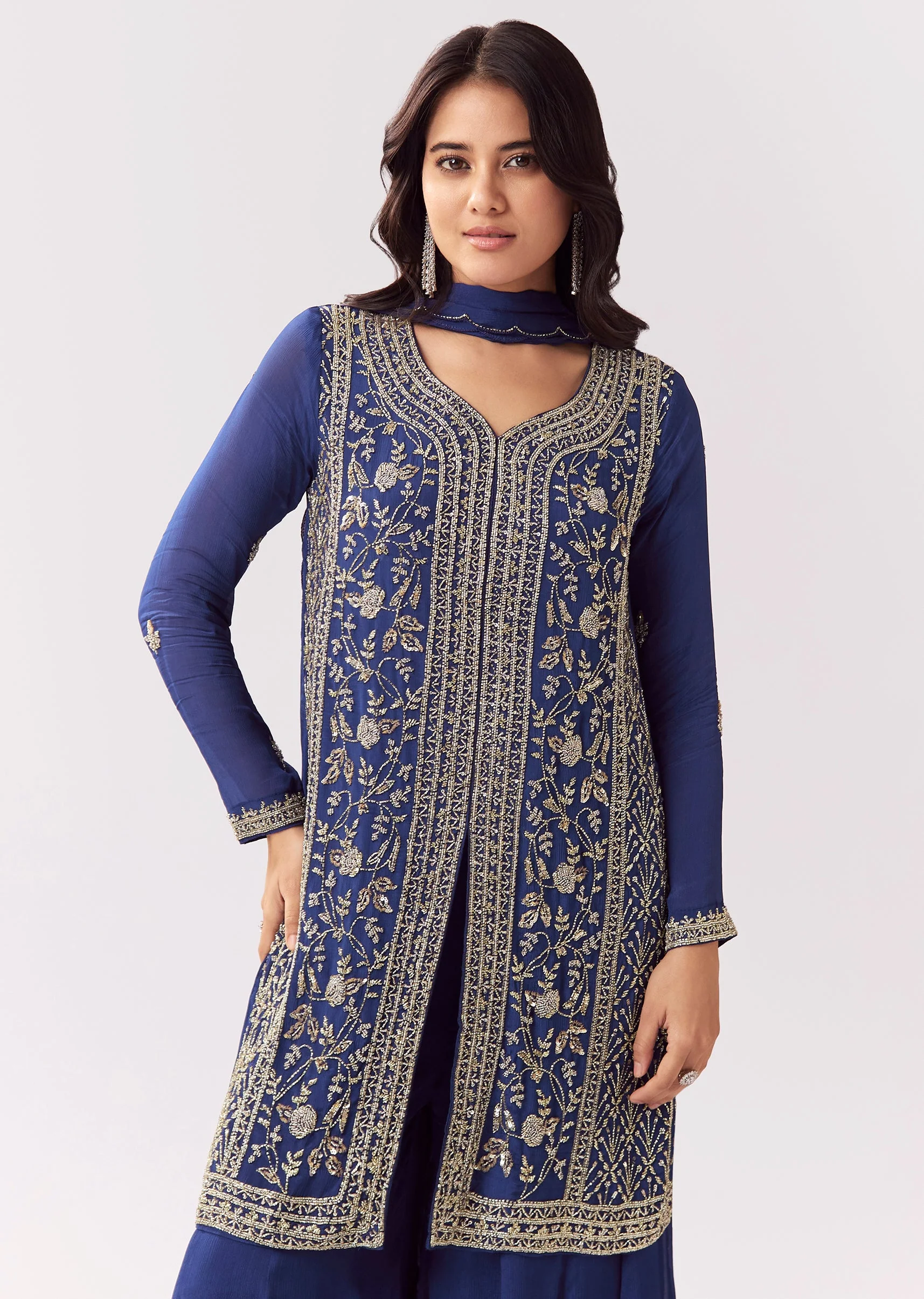 Blue Chinon Palazzo Suit With Cutdana Beadwork And Sweetheart Neckline - Image 4