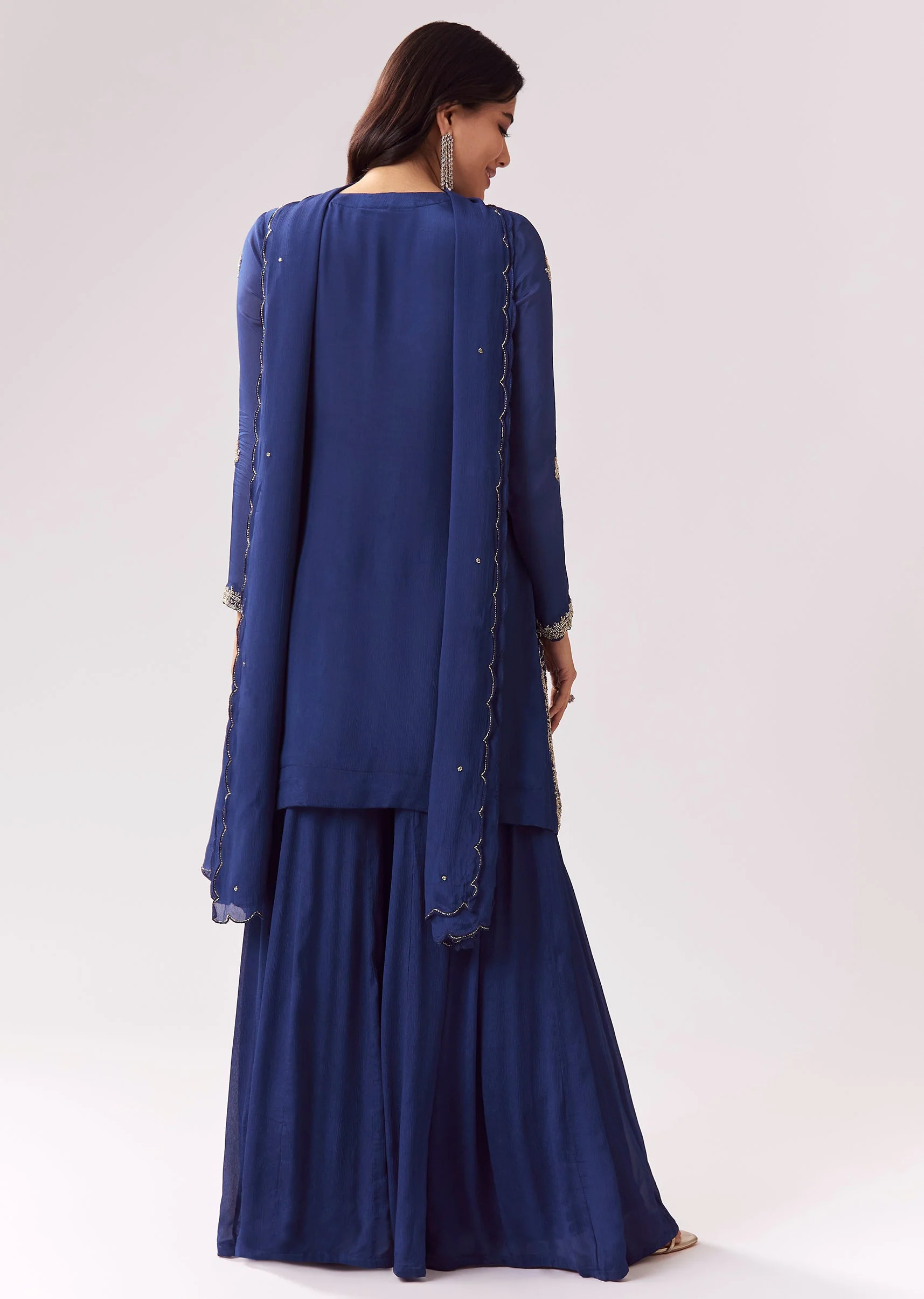 Blue Chinon Palazzo Suit With Cutdana Beadwork And Sweetheart Neckline - Image 5
