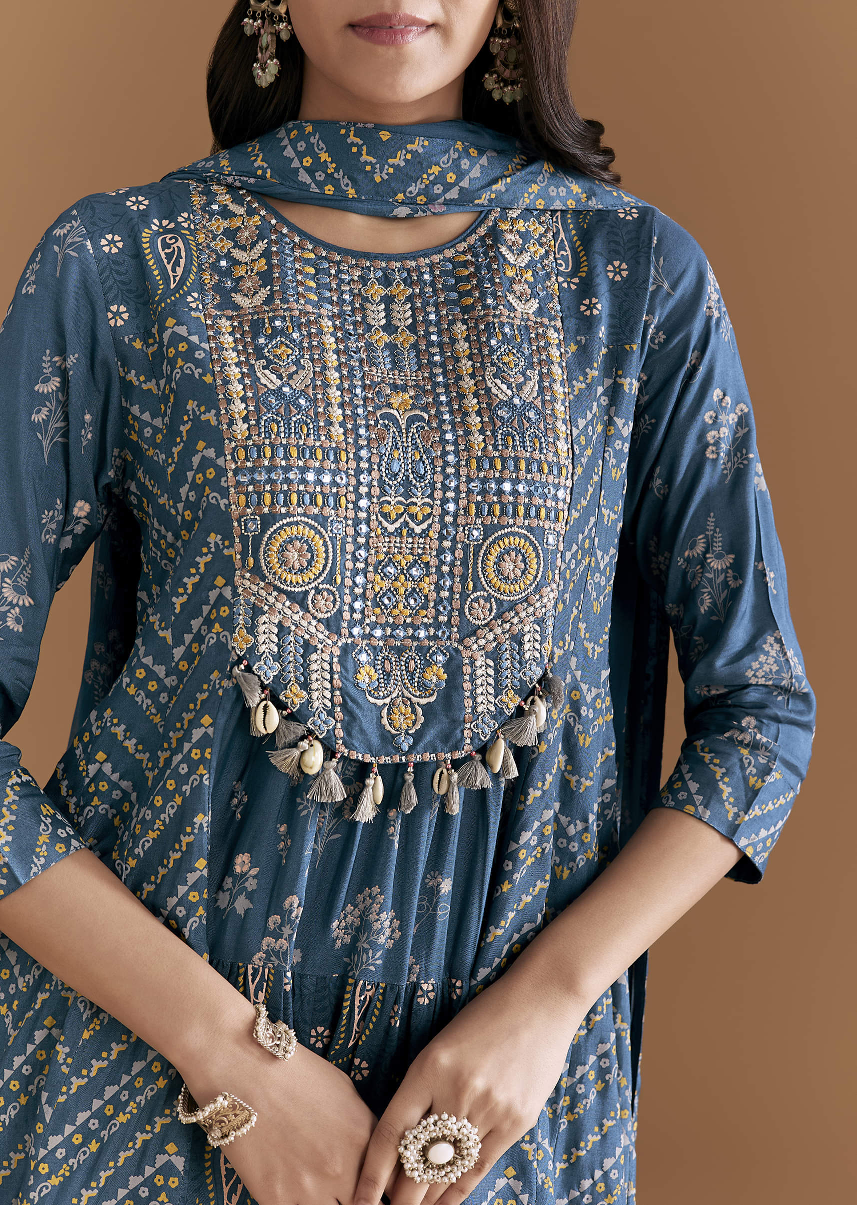 Blue Cotton Embroidered Anarkali Suit With Floral And Paisley Print - Image 2